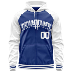 Custom Stitched Royal White Raglan Sleeves Sports Full-Zip Sweatshirt Hoodie