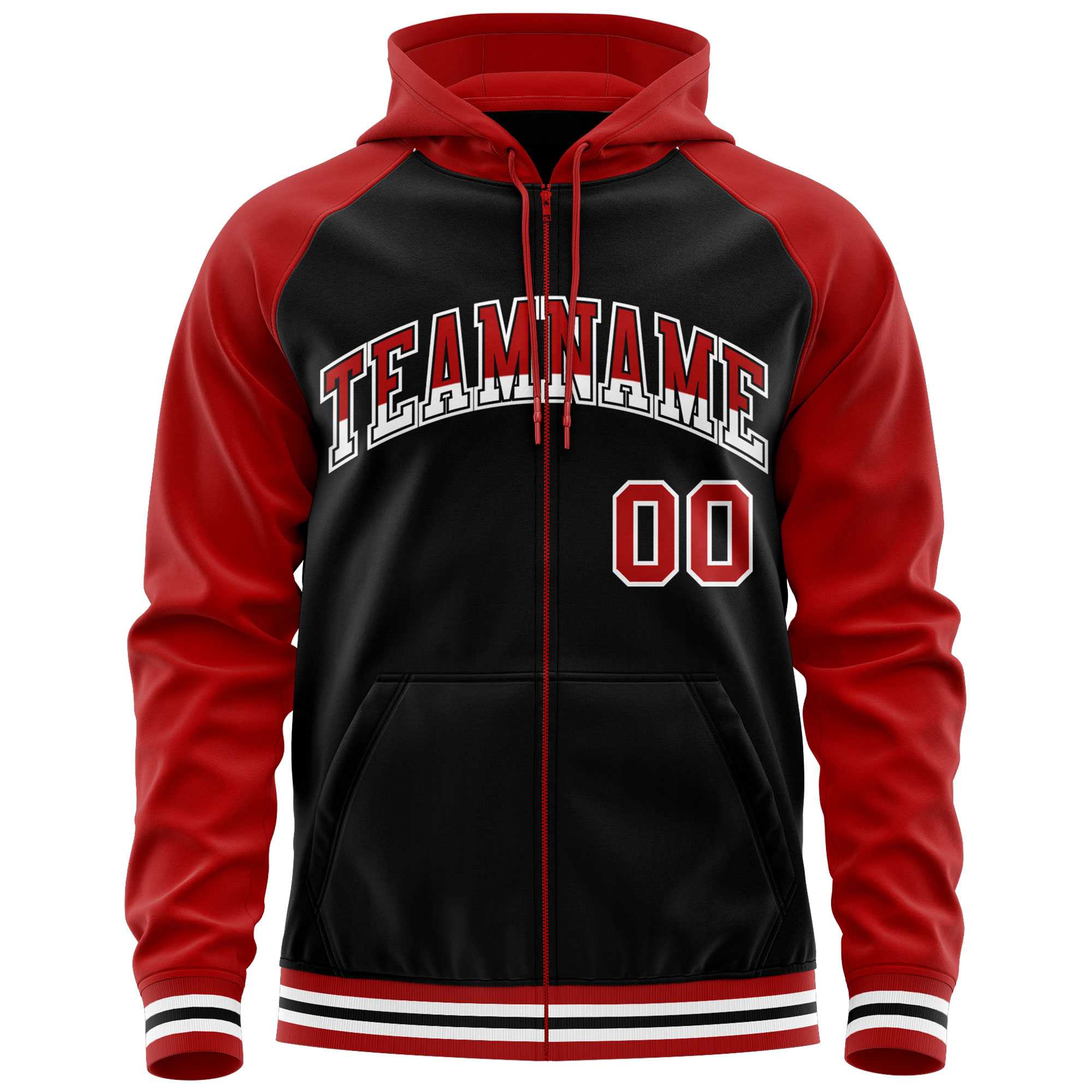 Custom Stitched Black Red Raglan Sleeves Sports Full-Zip Sweatshirt Hoodie