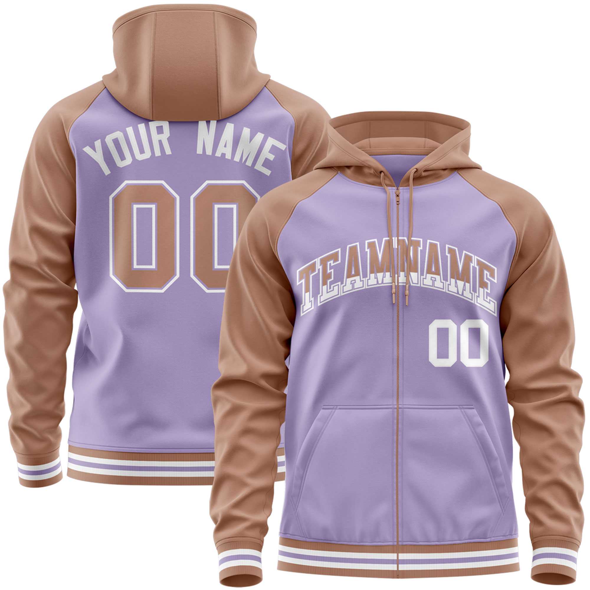 Custom Stitched Light Purple Brown Raglan Sleeves Sports Full-Zip Sweatshirt Hoodie