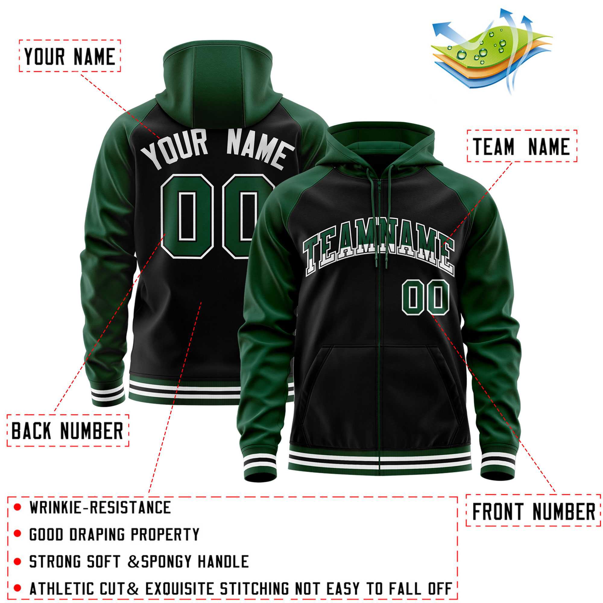 Custom Stitched Black Green Raglan Sleeves Sports Full-Zip Sweatshirt Hoodie