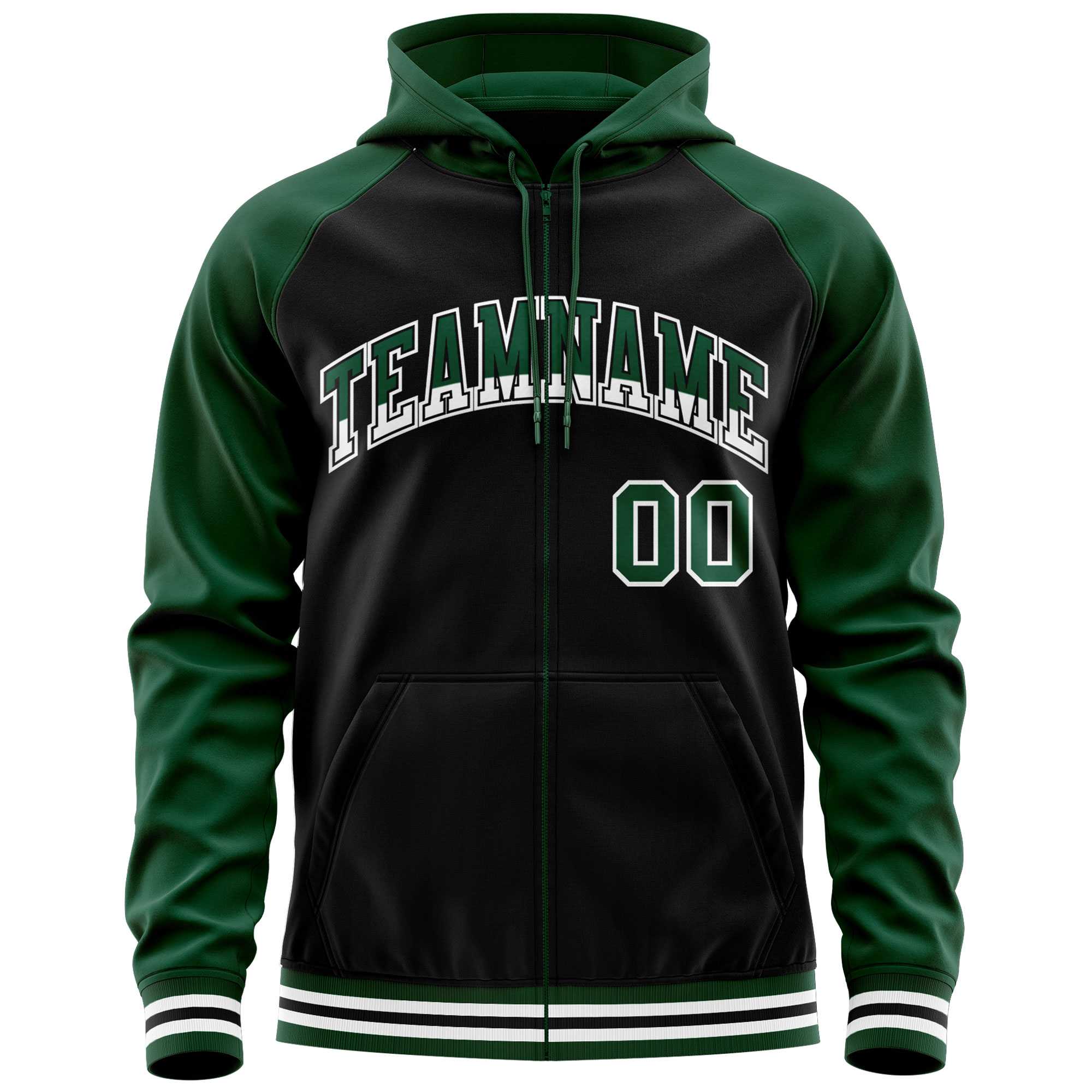 Custom Stitched Black Green Raglan Sleeves Sports Full-Zip Sweatshirt Hoodie