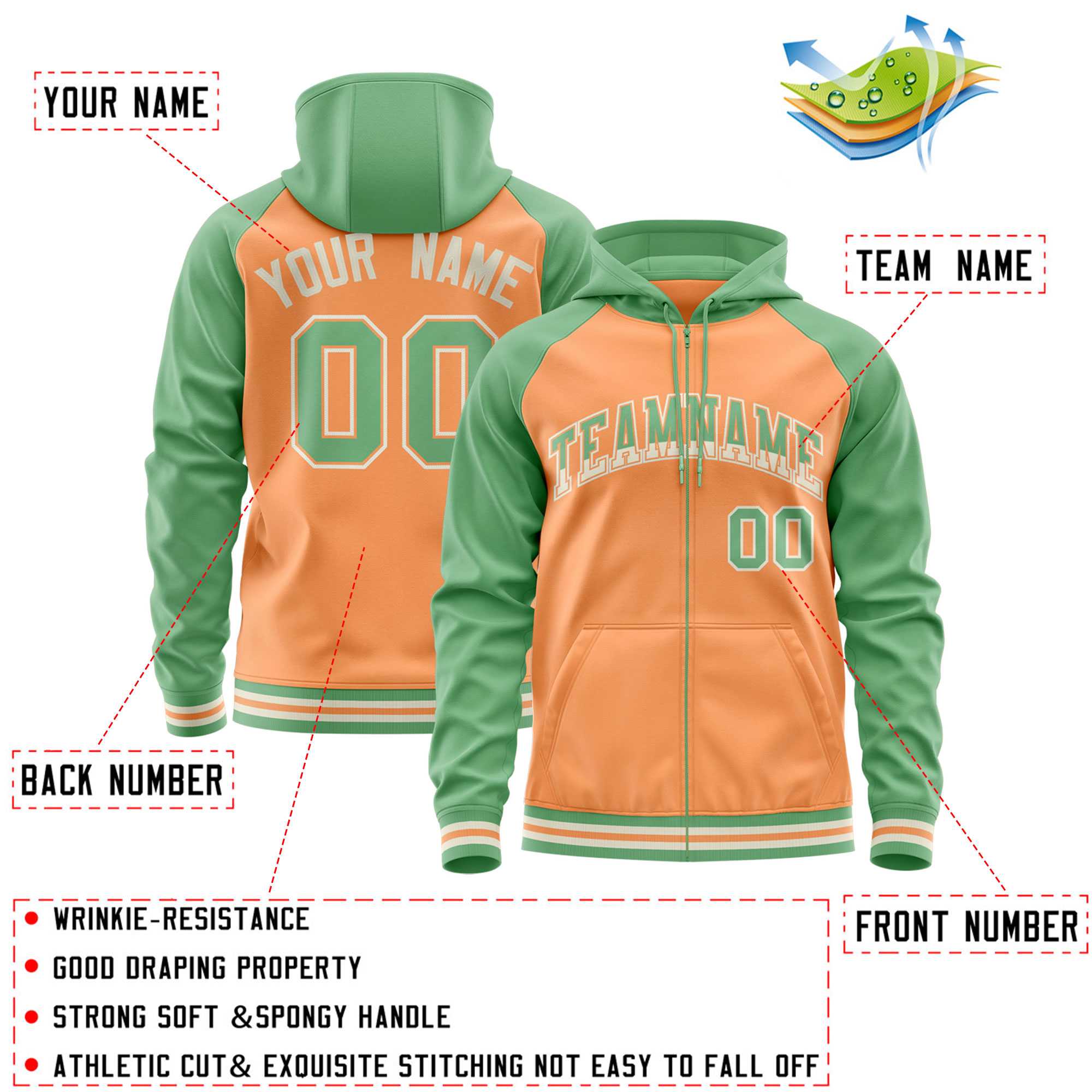 Custom Stitched Light Orange Green Raglan Sleeves Sports Full-Zip Sweatshirt Hoodie