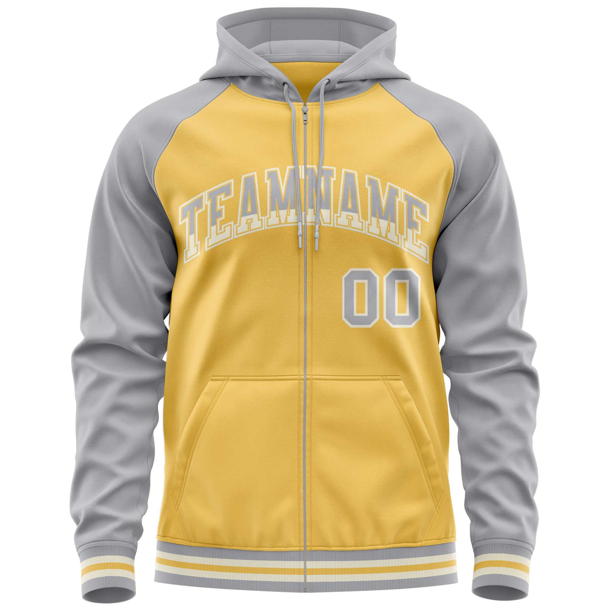 Custom Stitched Yellow Light Gray Raglan Sleeves Sports Full-Zip Sweatshirt Hoodie