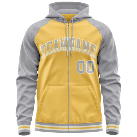 Custom Stitched Yellow Light Gray Raglan Sleeves Sports Full-Zip Sweatshirt Hoodie