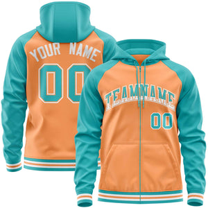 Custom Stitched Light Orange Aqua Raglan Sleeves Sports Full-Zip Sweatshirt Hoodie