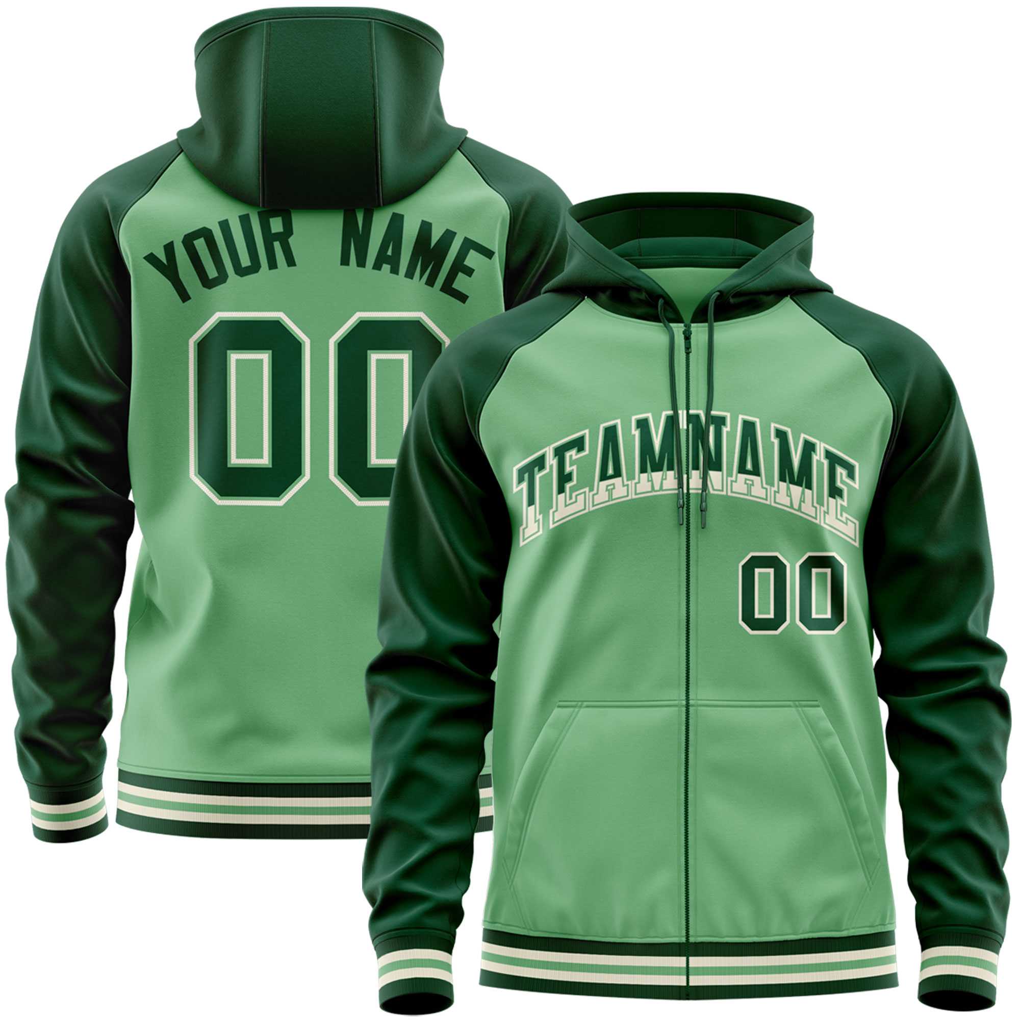 Custom Stitched Green Raglan Sleeves Sports Full-Zip Sweatshirt Hoodie