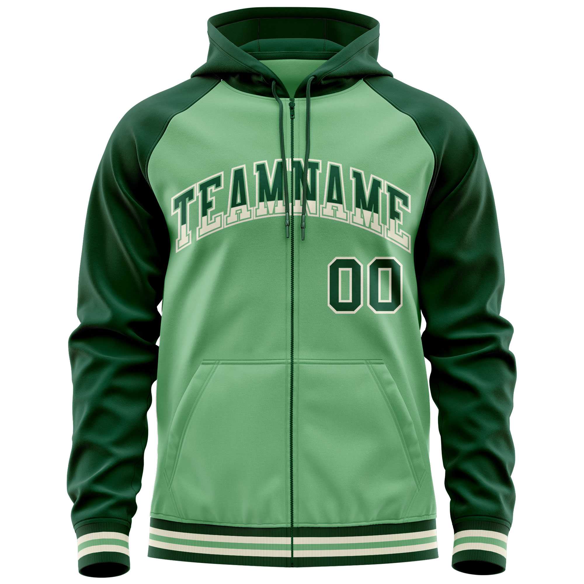 Custom Stitched Green Raglan Sleeves Sports Full-Zip Sweatshirt Hoodie