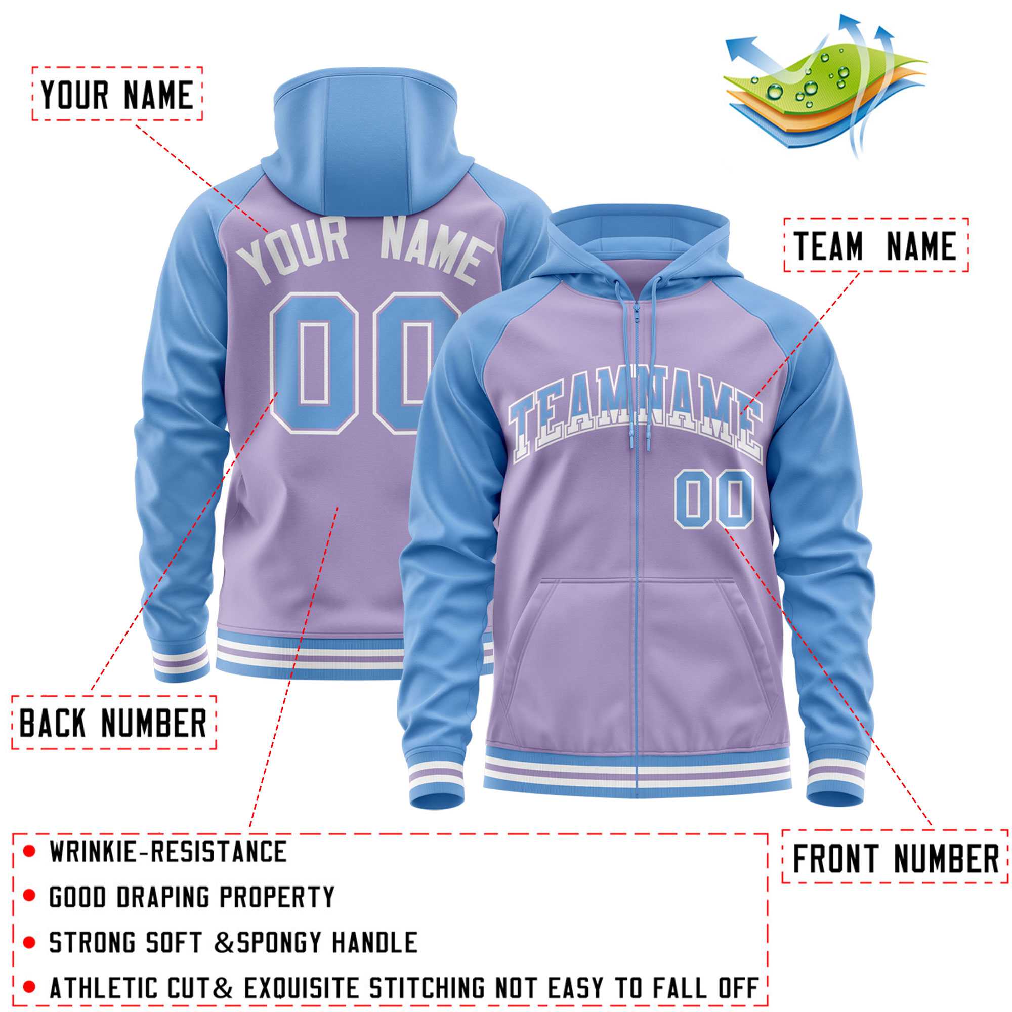 Custom Stitched Light Purple Powder Blue Raglan Sleeves Sports Full-Zip Sweatshirt Hoodie