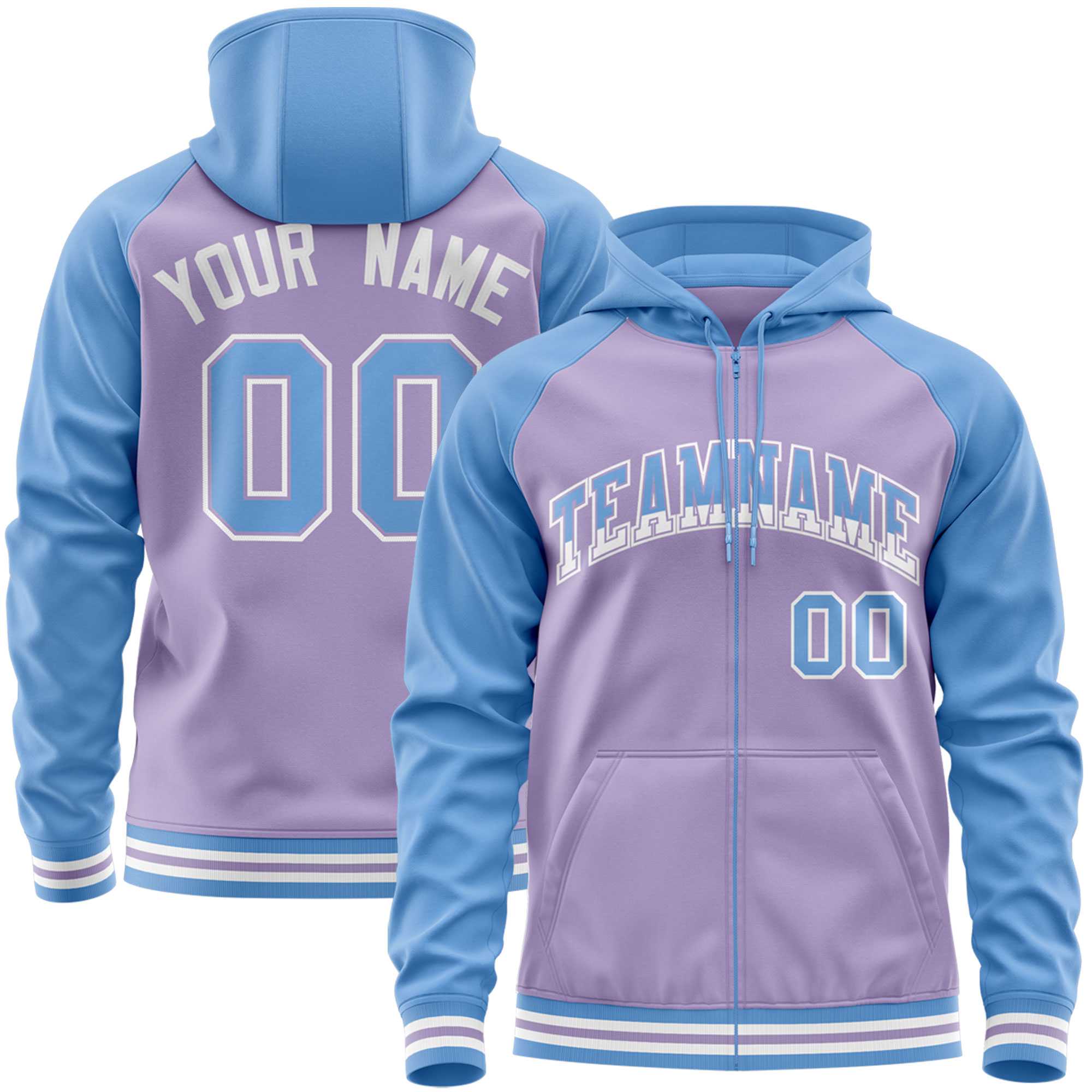 Custom Stitched Light Purple Powder Blue Raglan Sleeves Sports Full-Zip Sweatshirt Hoodie