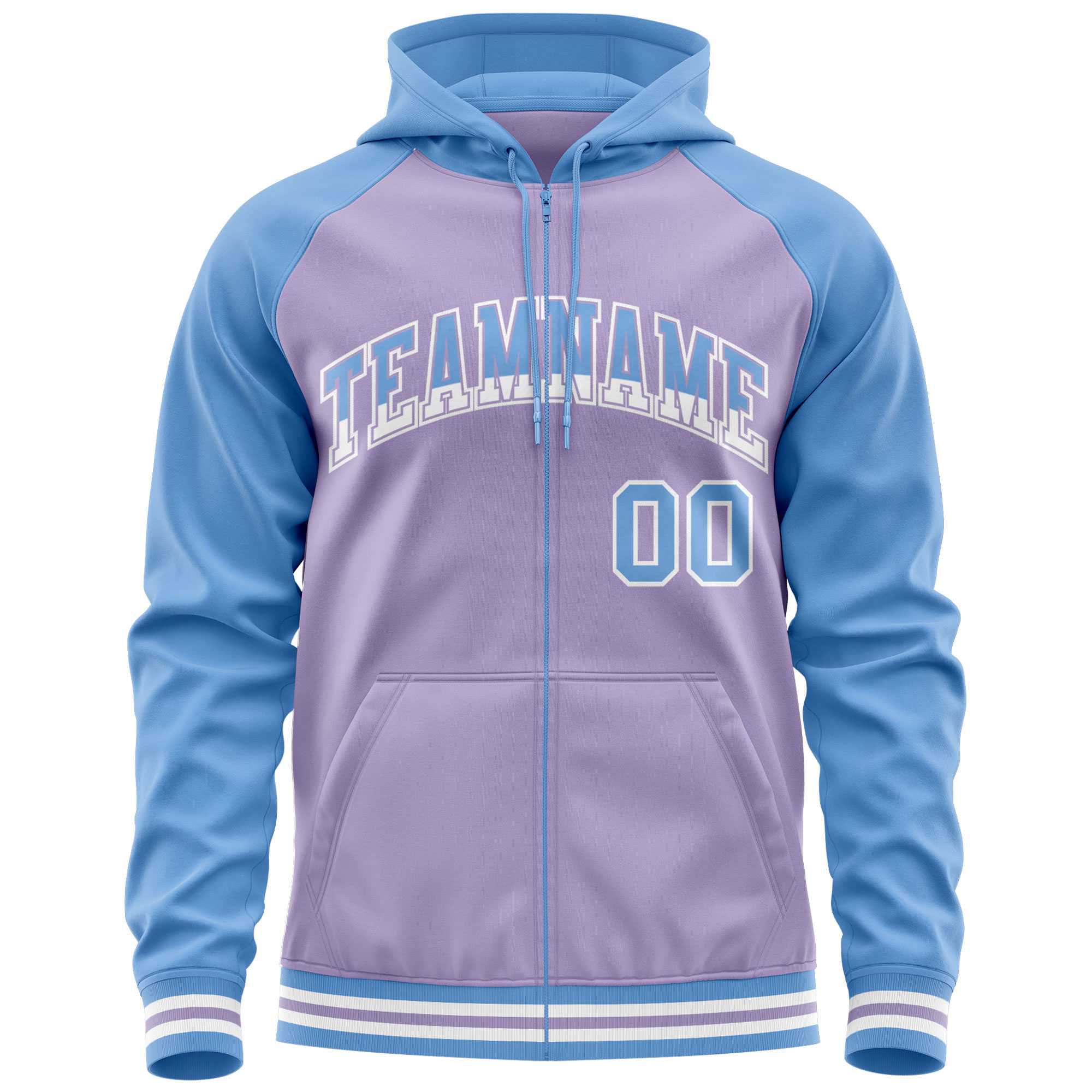 Custom Stitched Light Purple Powder Blue Raglan Sleeves Sports Full-Zip Sweatshirt Hoodie