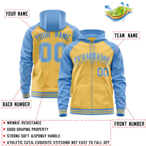 Custom Stitched Yellow Powder Blue Raglan Sleeves Sports Full-Zip Sweatshirt Hoodie