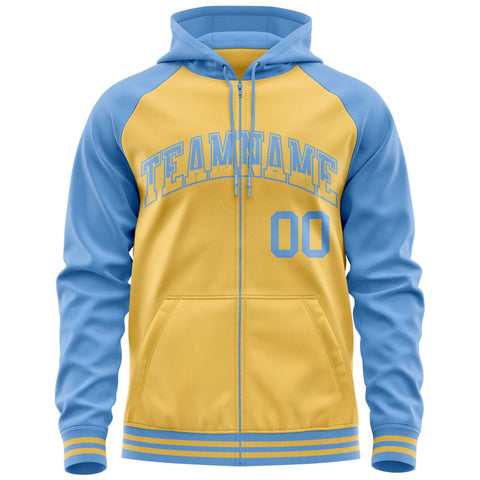 Custom Stitched Yellow Powder Blue Raglan Sleeves Sports Full-Zip Sweatshirt Hoodie