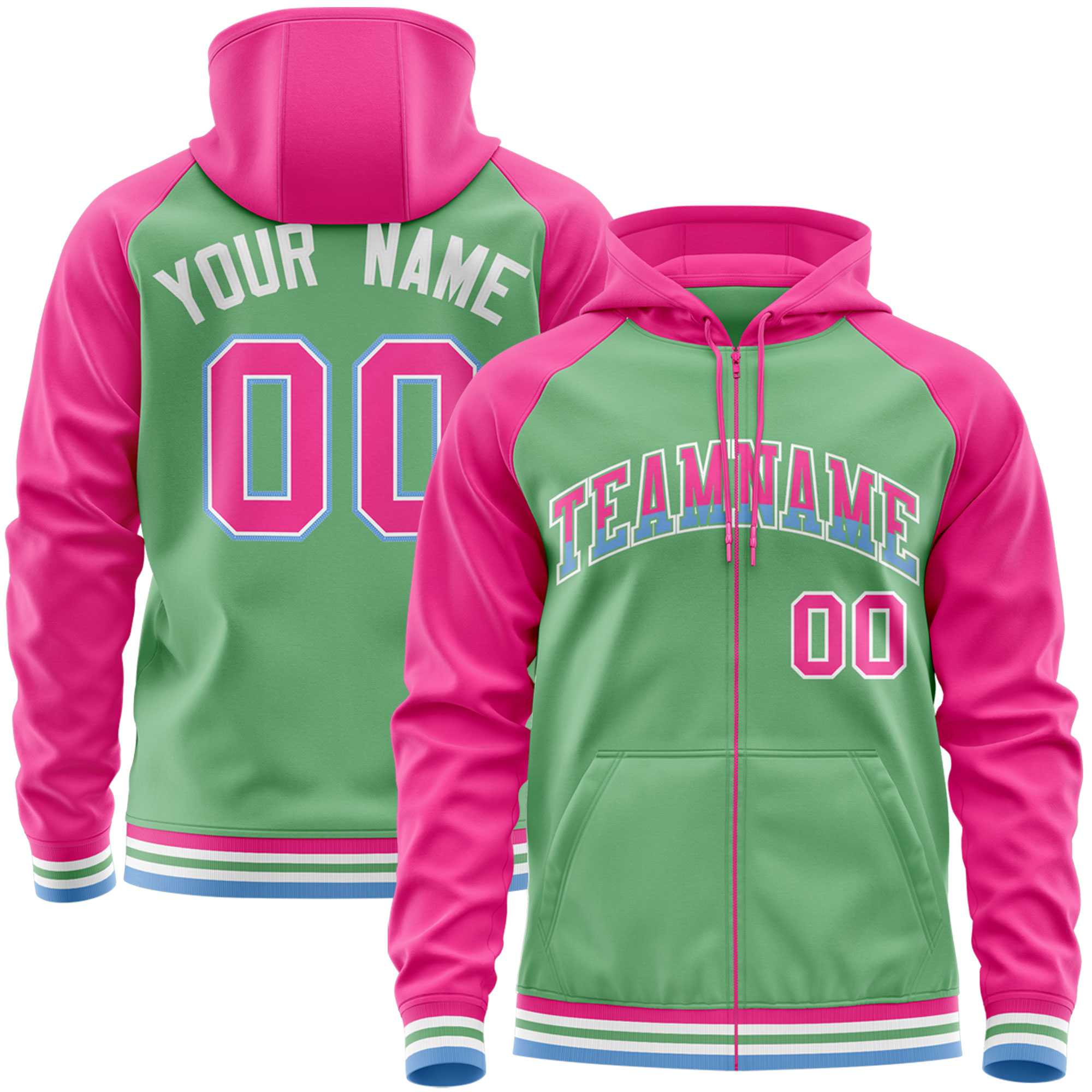 Custom Stitched Green Pink Raglan Sleeves Sports Full-Zip Sweatshirt Hoodie