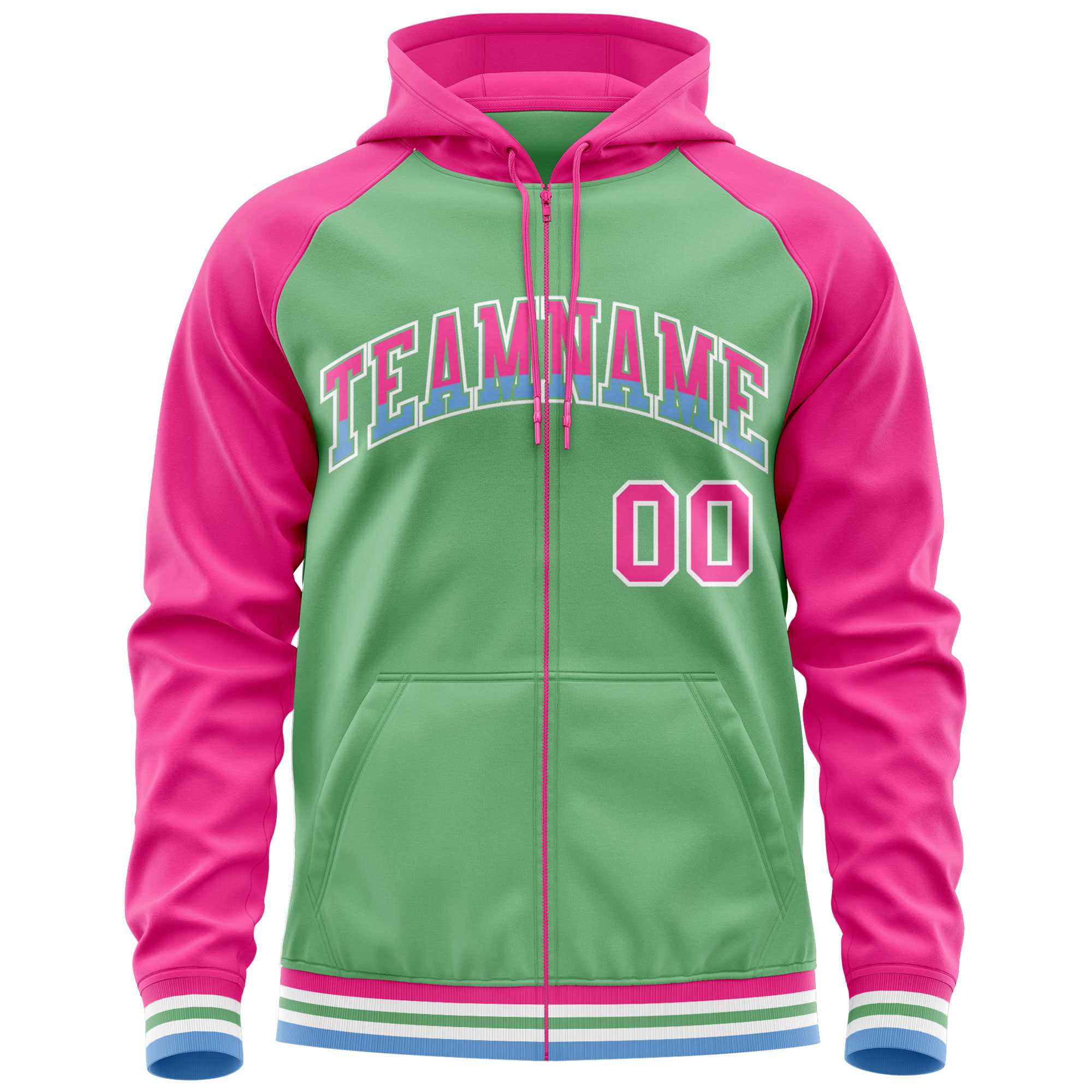 Custom Stitched Green Pink Raglan Sleeves Sports Full-Zip Sweatshirt Hoodie