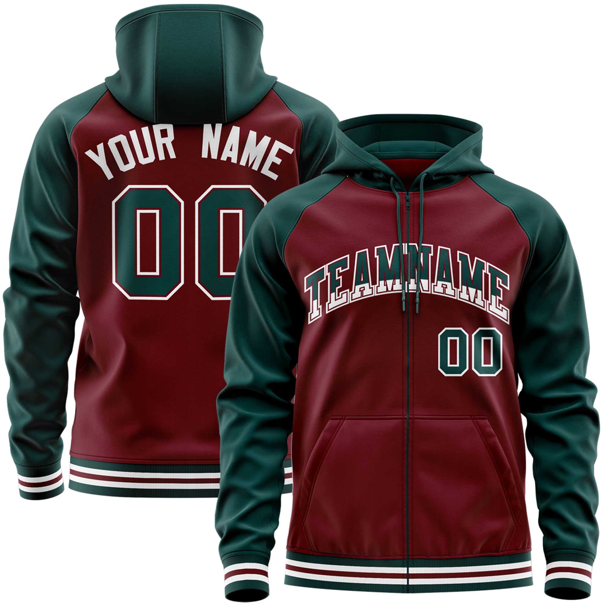 Custom Stitched Crimson Midnight Green Raglan Sleeves Sports Full-Zip Sweatshirt Hoodie