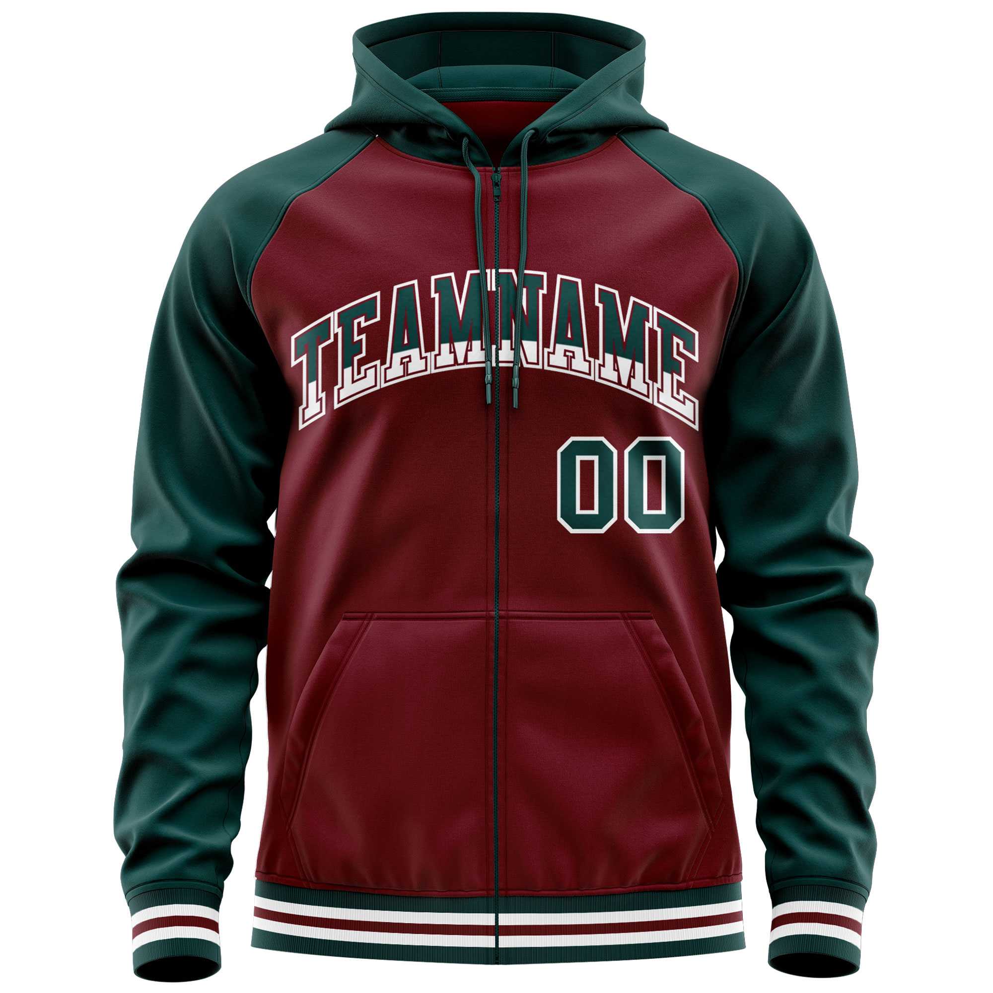 Custom Stitched Crimson Midnight Green Raglan Sleeves Sports Full-Zip Sweatshirt Hoodie