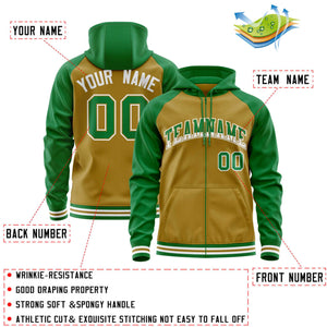 Custom Stitched Old Gold Kelly Green Raglan Sleeves Sports Full-Zip Sweatshirt Hoodie