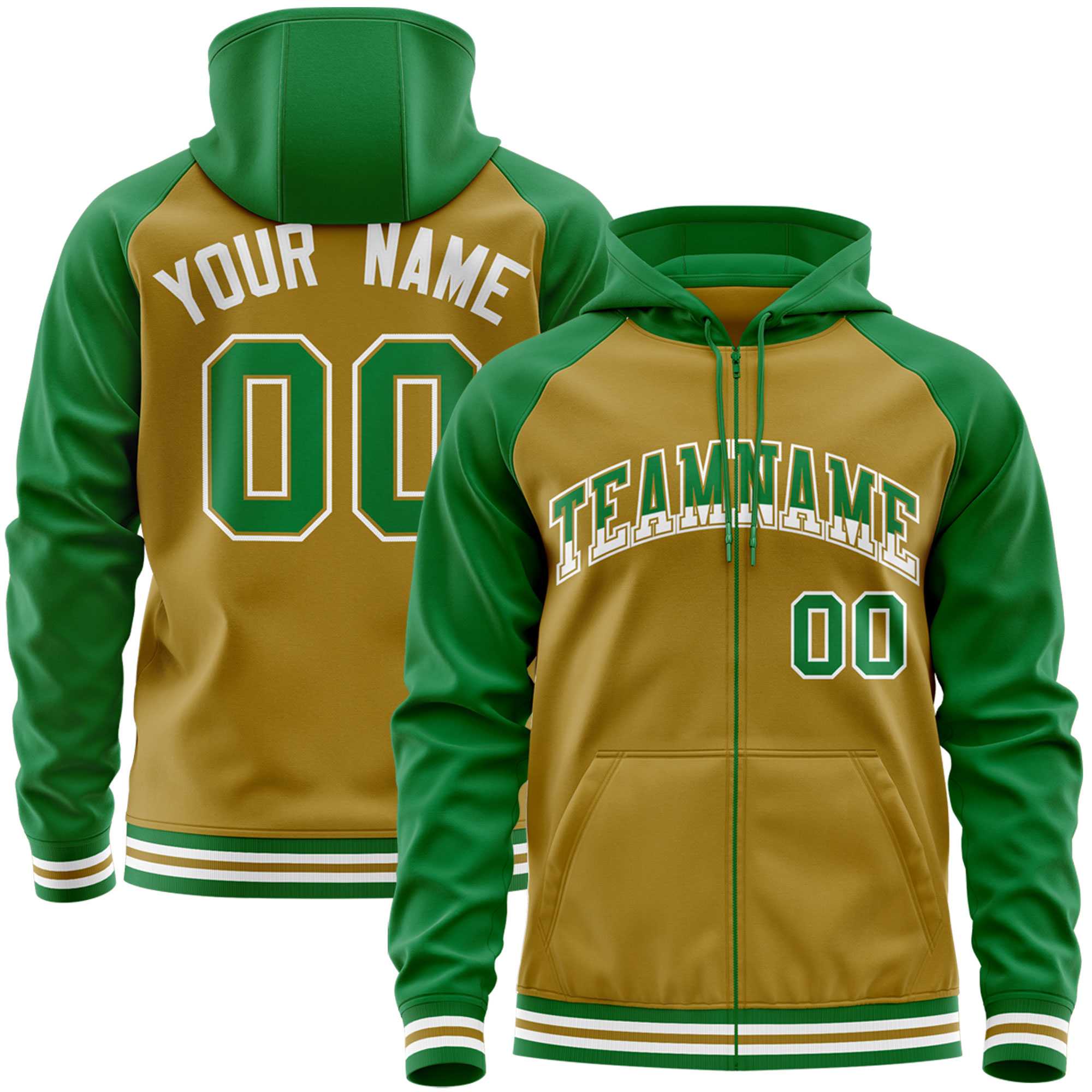 Custom Stitched Old Gold Kelly Green Raglan Sleeves Sports Full-Zip Sweatshirt Hoodie