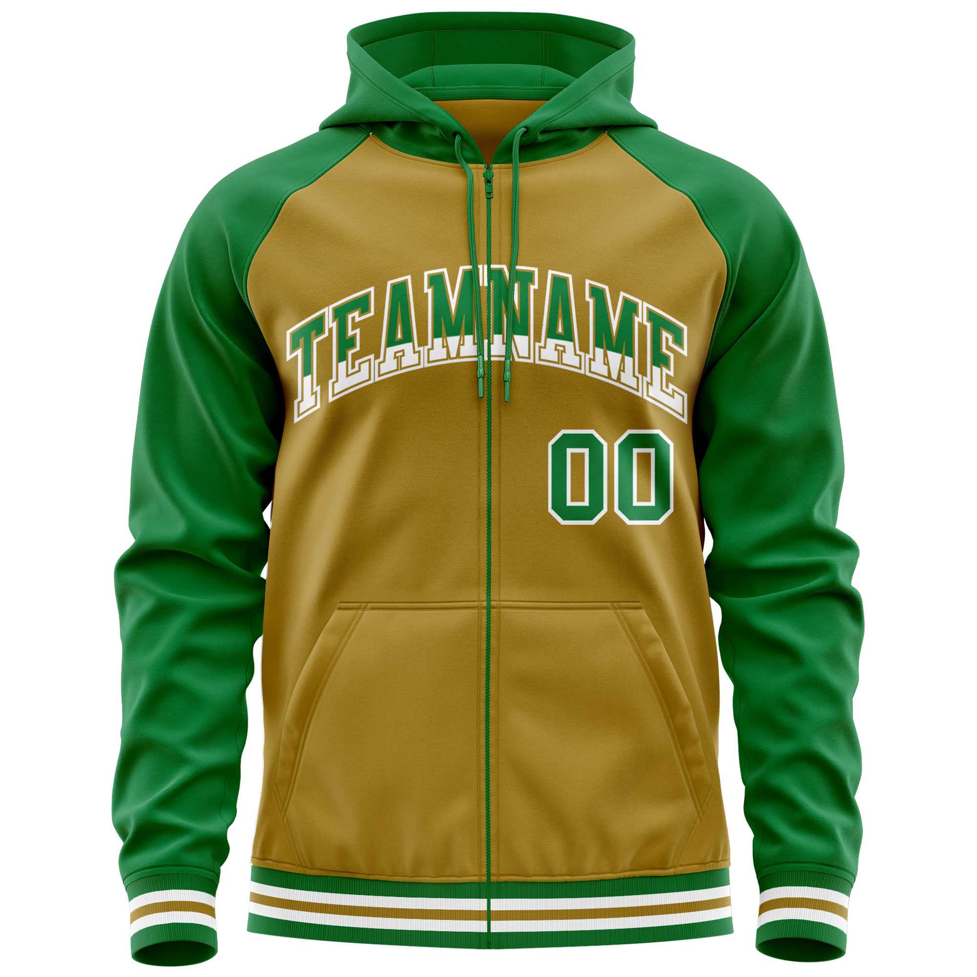 Custom Stitched Old Gold Kelly Green Raglan Sleeves Sports Full-Zip Sweatshirt Hoodie