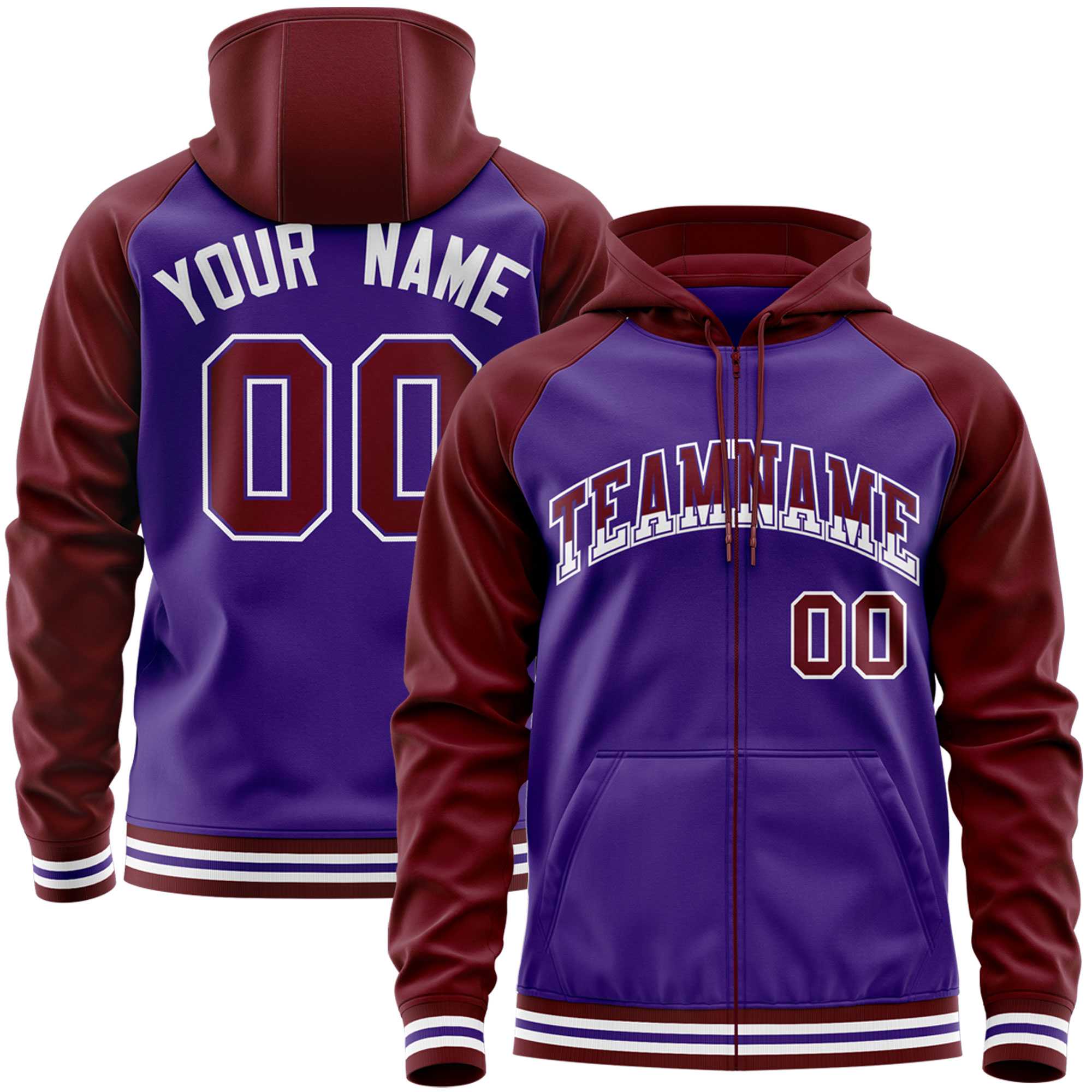 Custom Stitched Purple Crimson Raglan Sleeves Sports Full-Zip Sweatshirt Hoodie