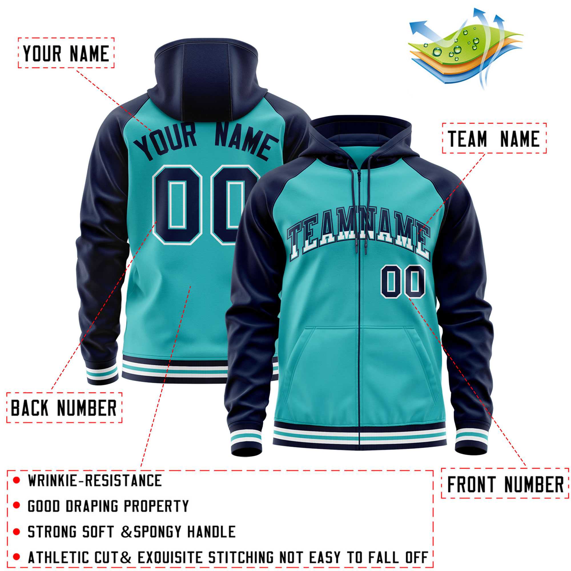 Custom Stitched Aqua Navy Raglan Sleeves Sports Full-Zip Sweatshirt Hoodie