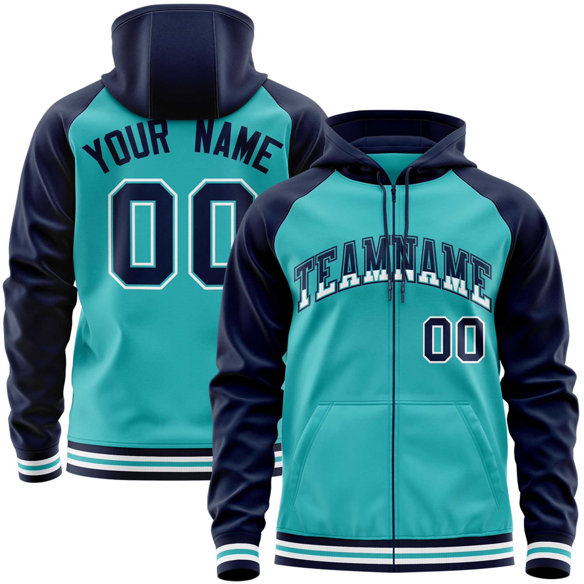 Custom Stitched Aqua Navy Raglan Sleeves Sports Full-Zip Sweatshirt Hoodie