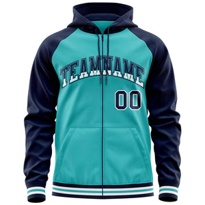 Custom Stitched Aqua Navy Raglan Sleeves Sports Full-Zip Sweatshirt Hoodie