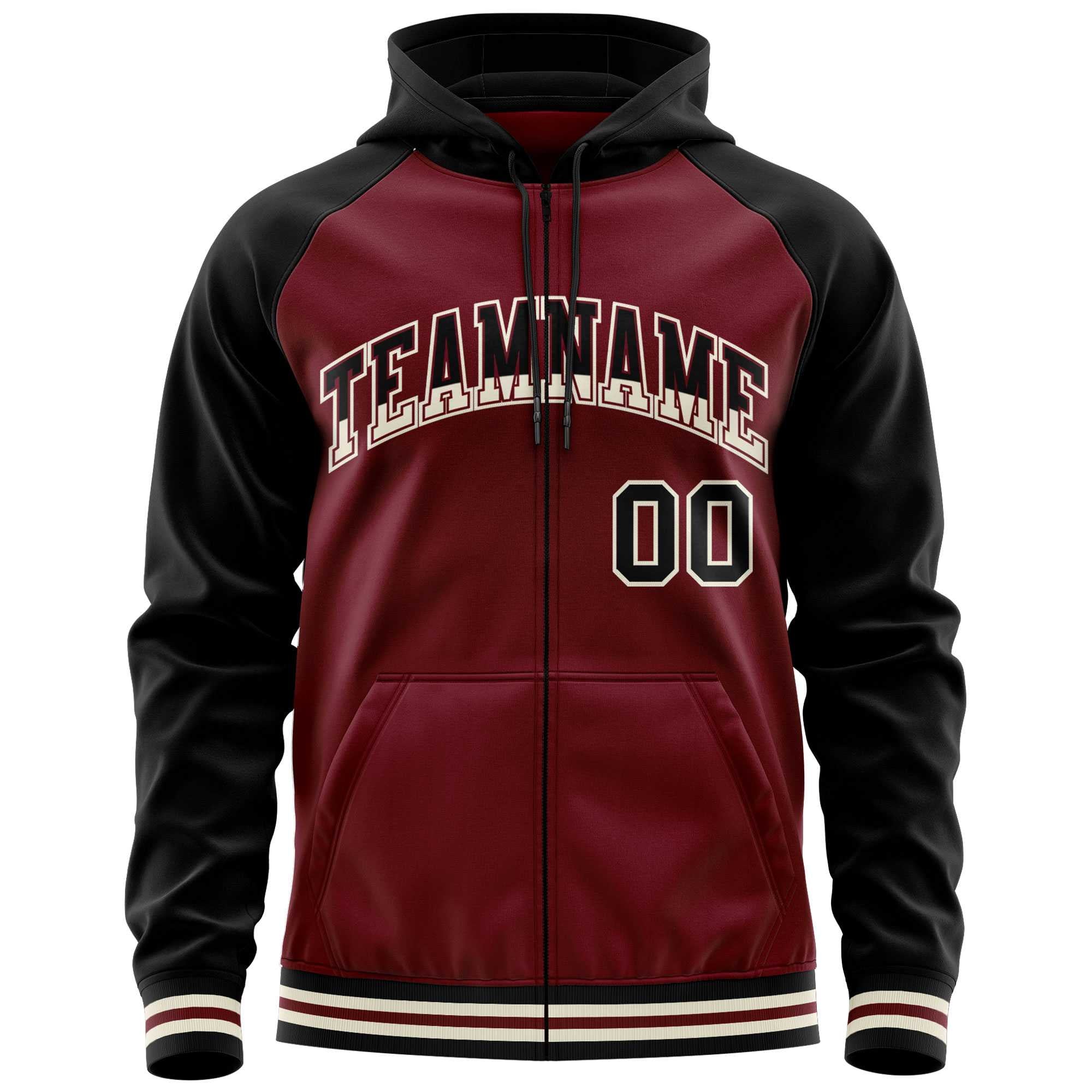 Custom Stitched Crimson Black Raglan Sleeves Sports Full-Zip Sweatshirt Hoodie