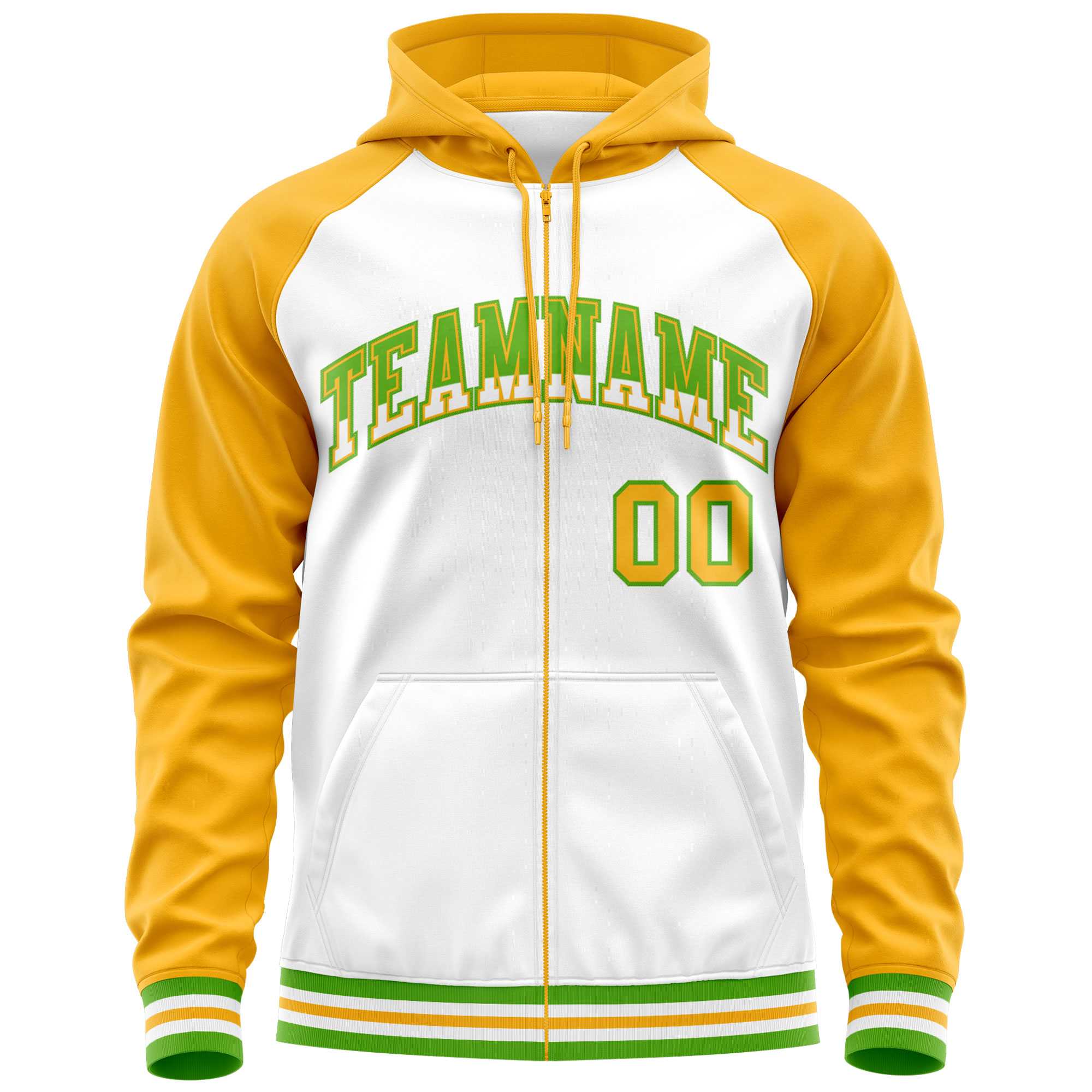 Custom Stitched White Yellow Raglan Sleeves Sports Full-Zip Sweatshirt Hoodie