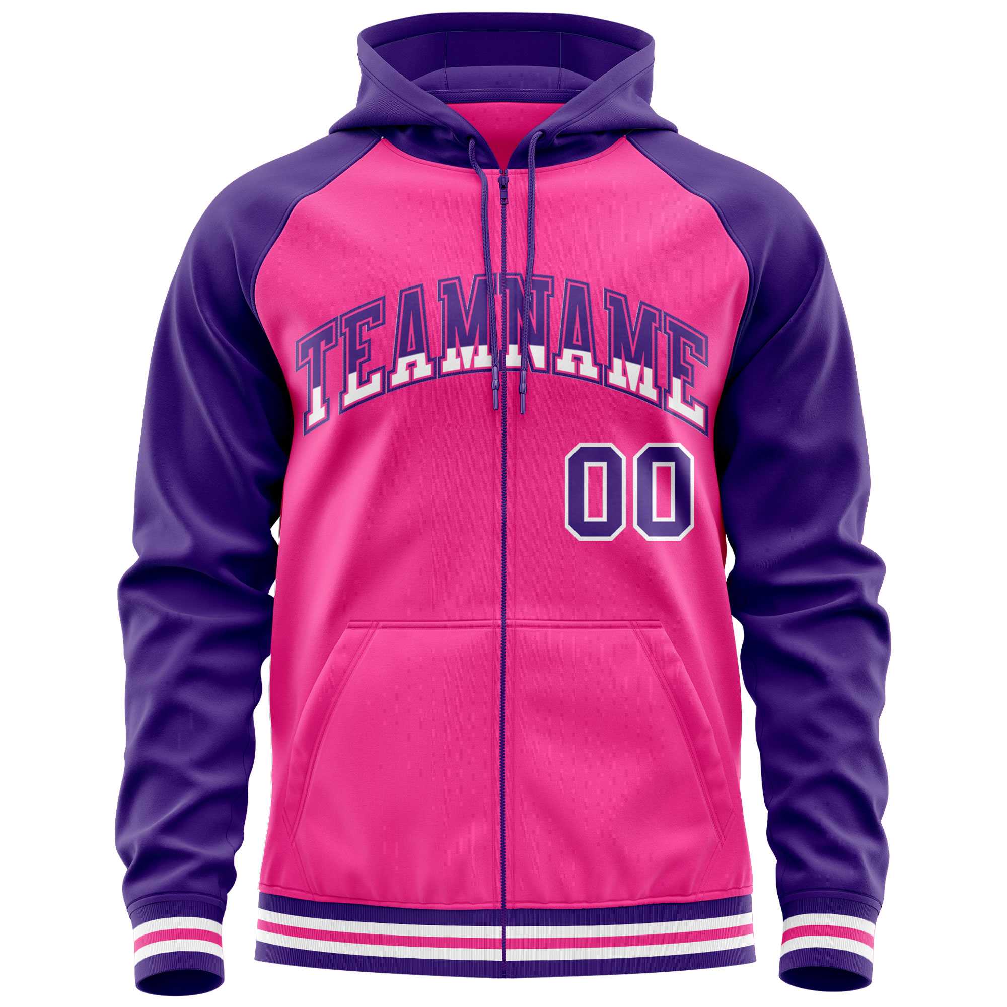 Custom Stitched Pink Purple Raglan Sleeves Sports Full-Zip Sweatshirt Hoodie