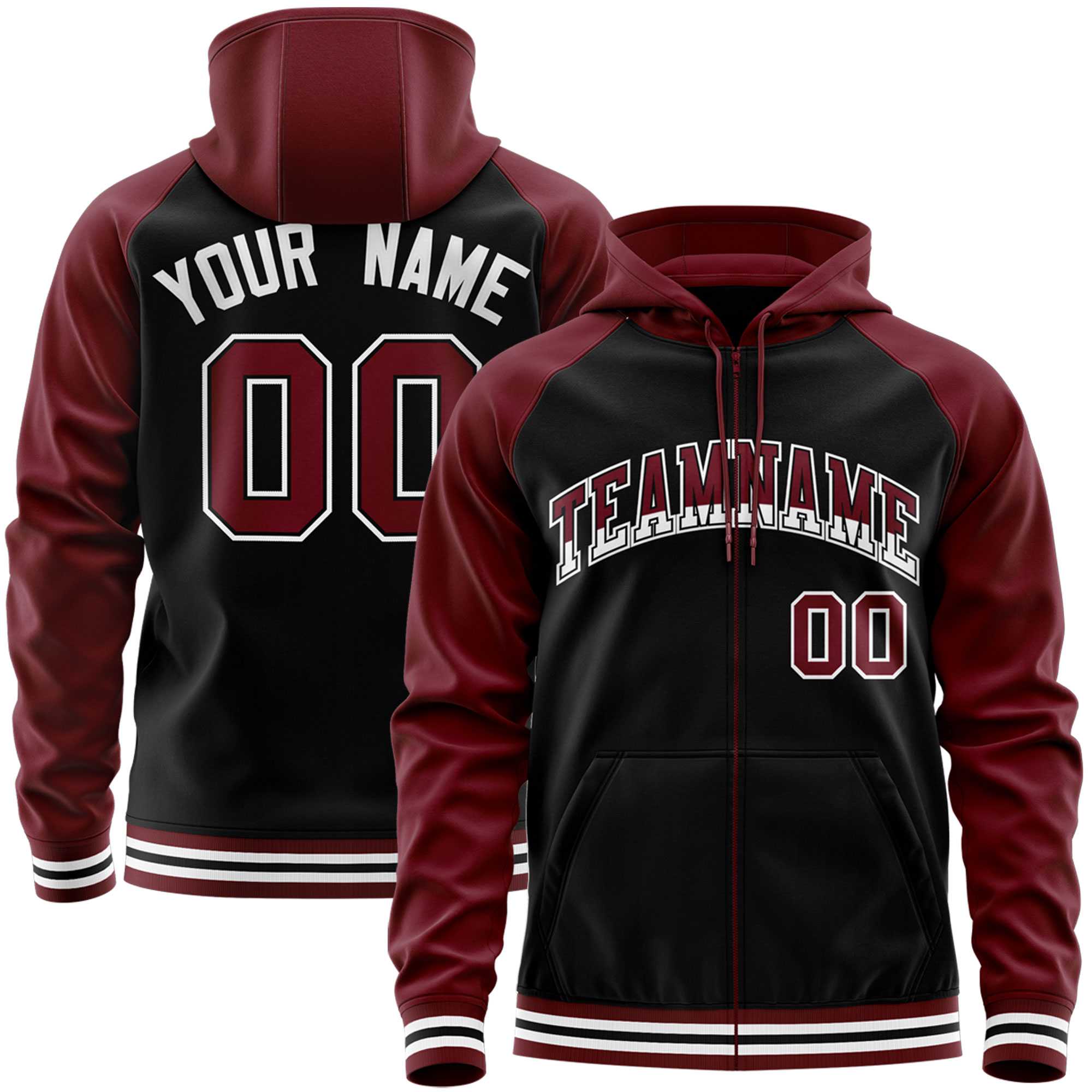 Custom Stitched Black Crimson Raglan Sleeves Sports Full-Zip Sweatshirt Hoodie