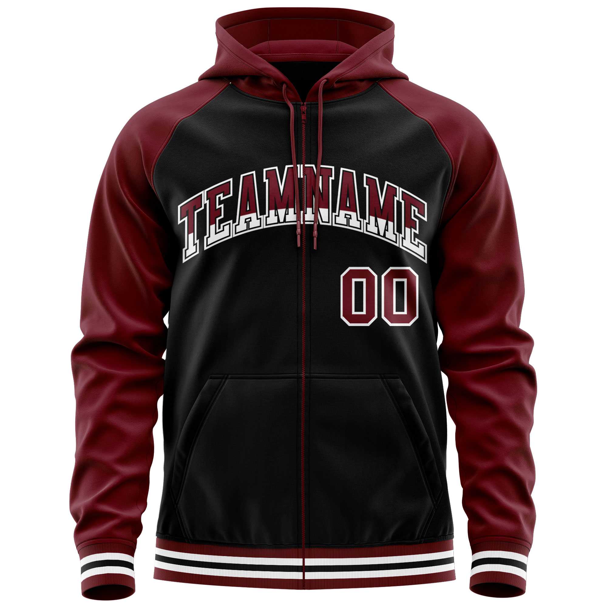 Custom Stitched Black Crimson Raglan Sleeves Sports Full-Zip Sweatshirt Hoodie