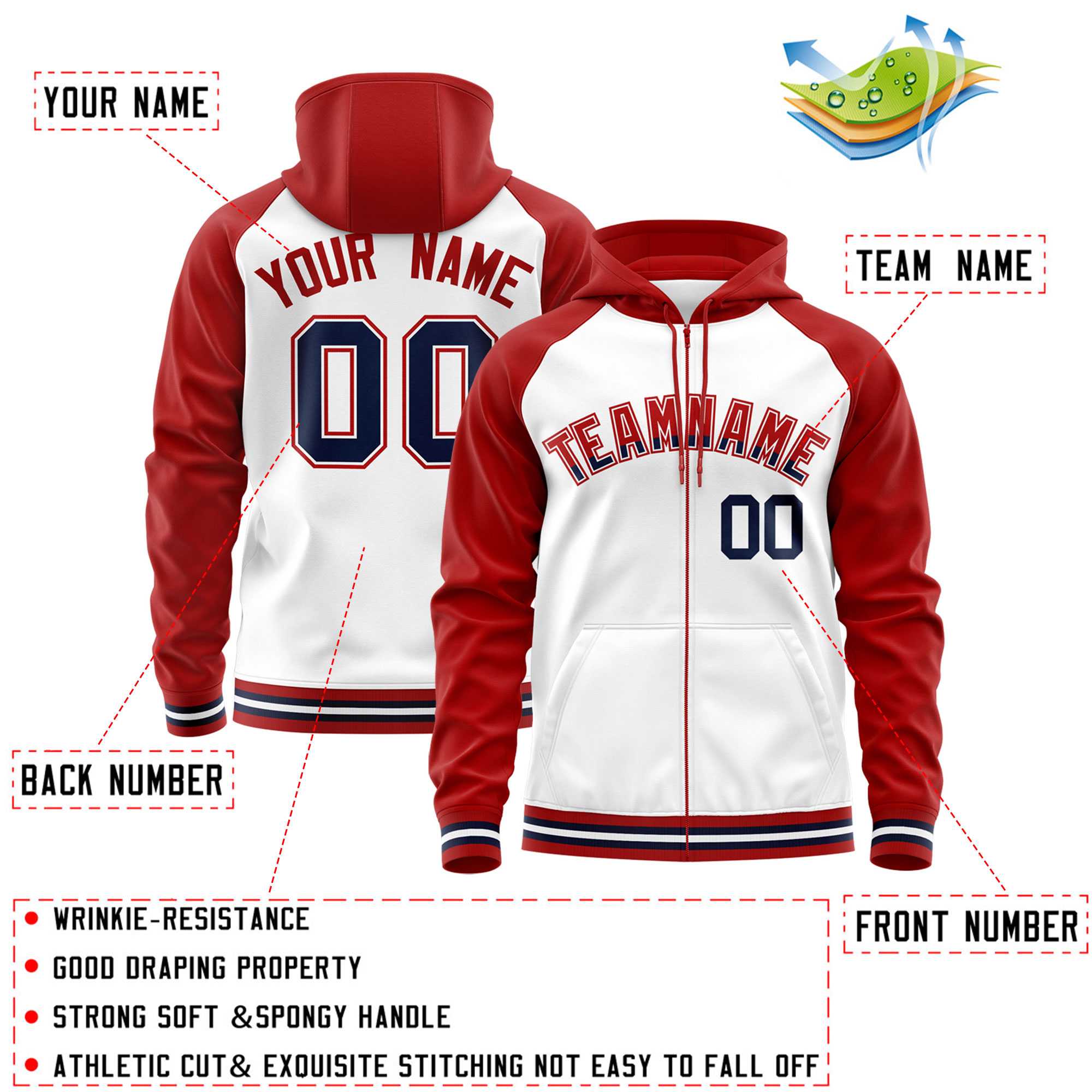 Custom Stitched White Red Raglan Sleeves Sports Full-Zip Sweatshirt Hoodie