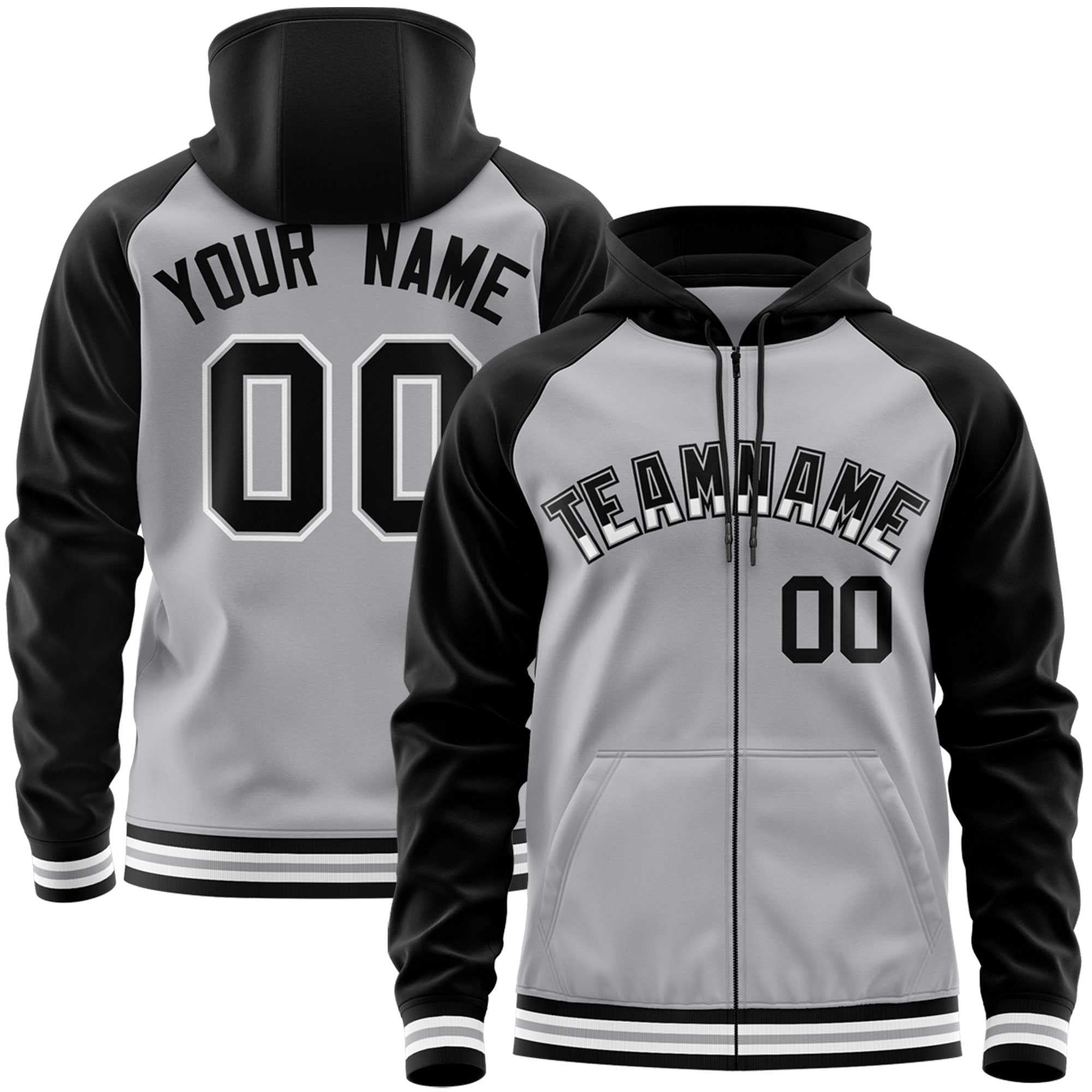 Custom Stitched Gray Black Raglan Sleeves Sports Full-Zip Sweatshirt Hoodie