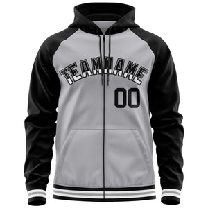 Custom Stitched Gray Black Raglan Sleeves Sports Full-Zip Sweatshirt Hoodie