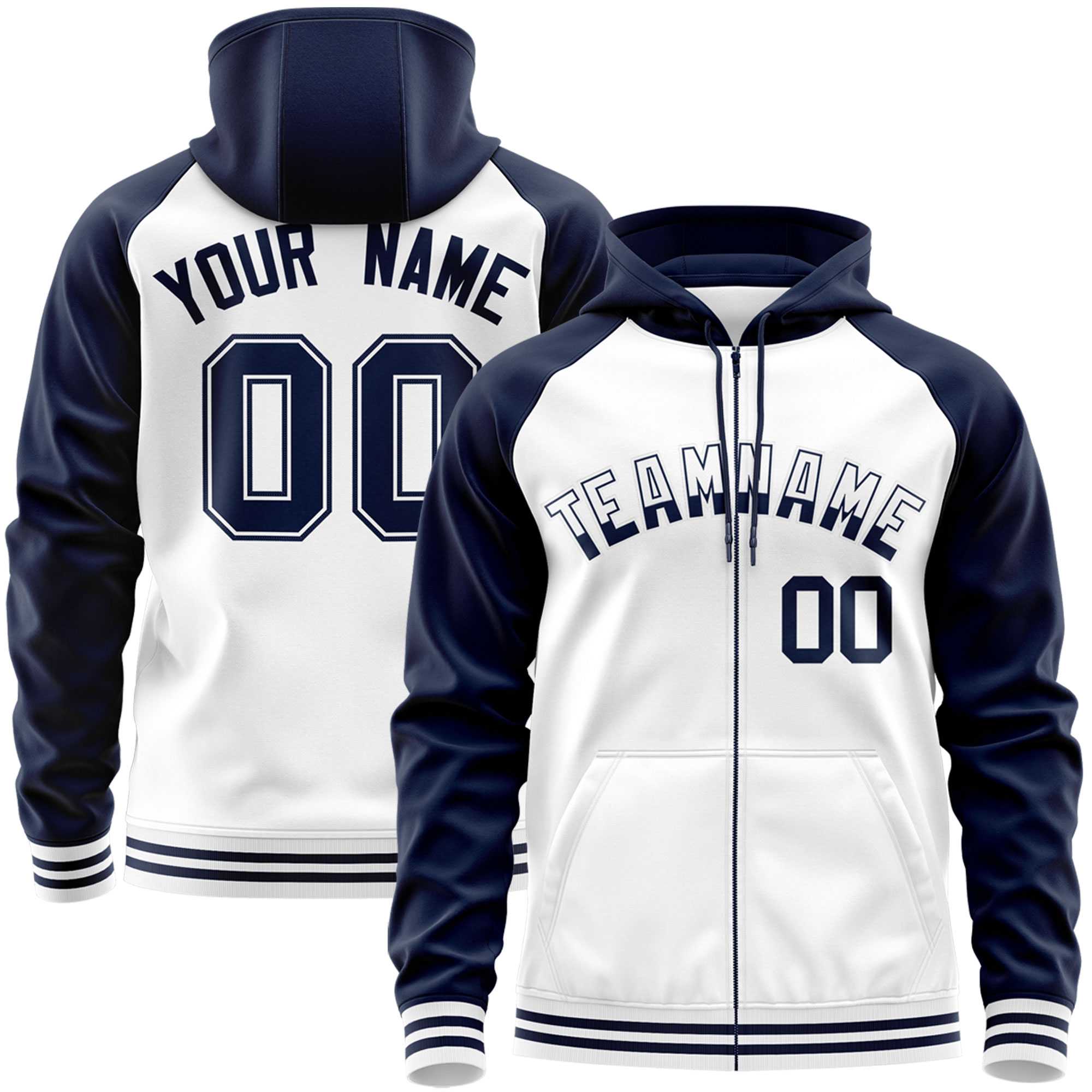 Custom Stitched White Navy Raglan Sleeves Sports Full-Zip Sweatshirt Hoodie