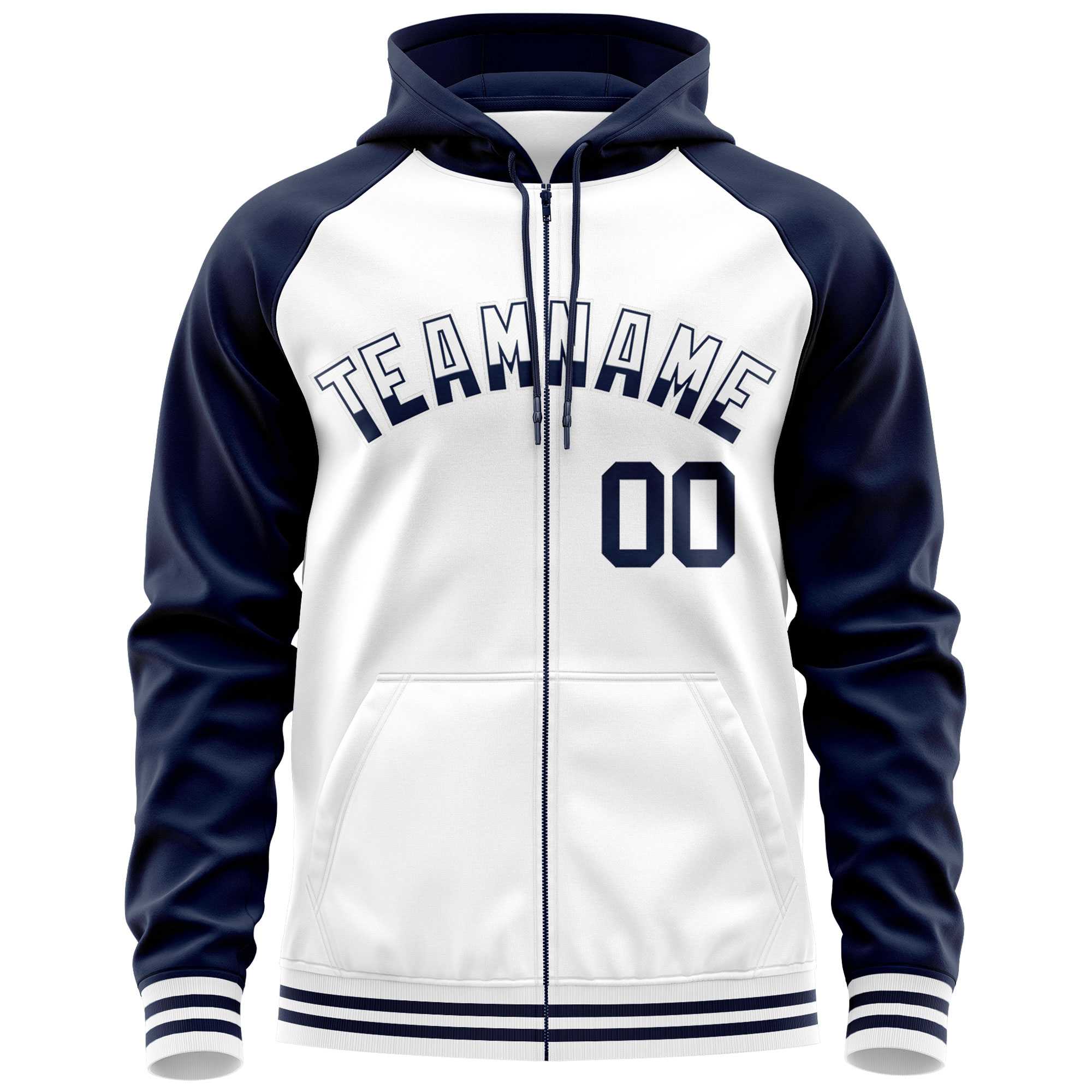 Custom Stitched White Navy Raglan Sleeves Sports Full-Zip Sweatshirt Hoodie