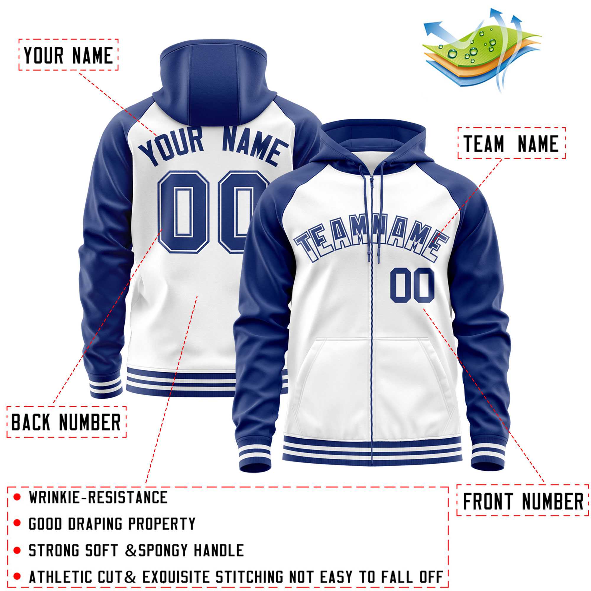 Custom Stitched White Royal Raglan Sleeves Sports Full-Zip Sweatshirt Hoodie