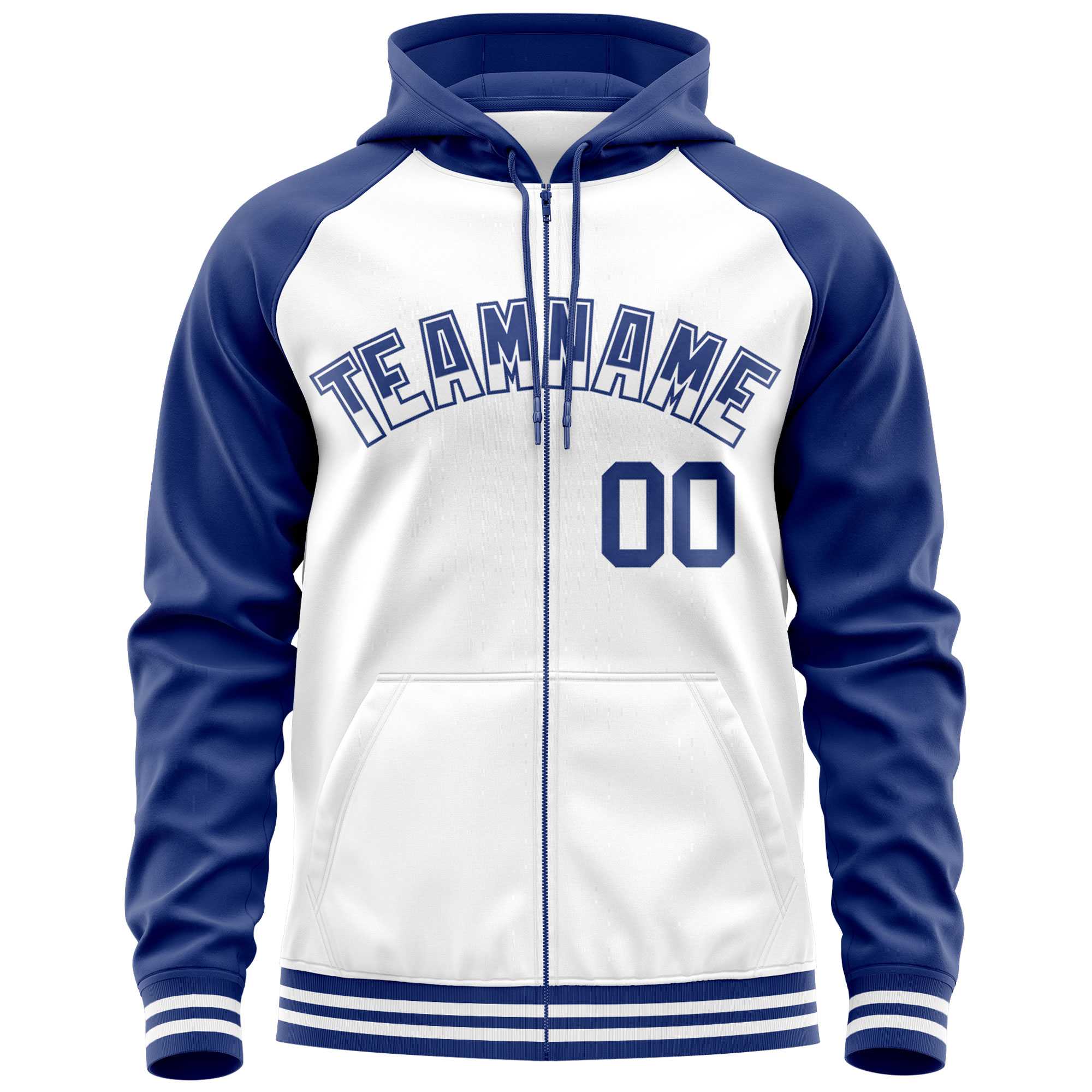 Custom Stitched White Royal Raglan Sleeves Sports Full-Zip Sweatshirt Hoodie