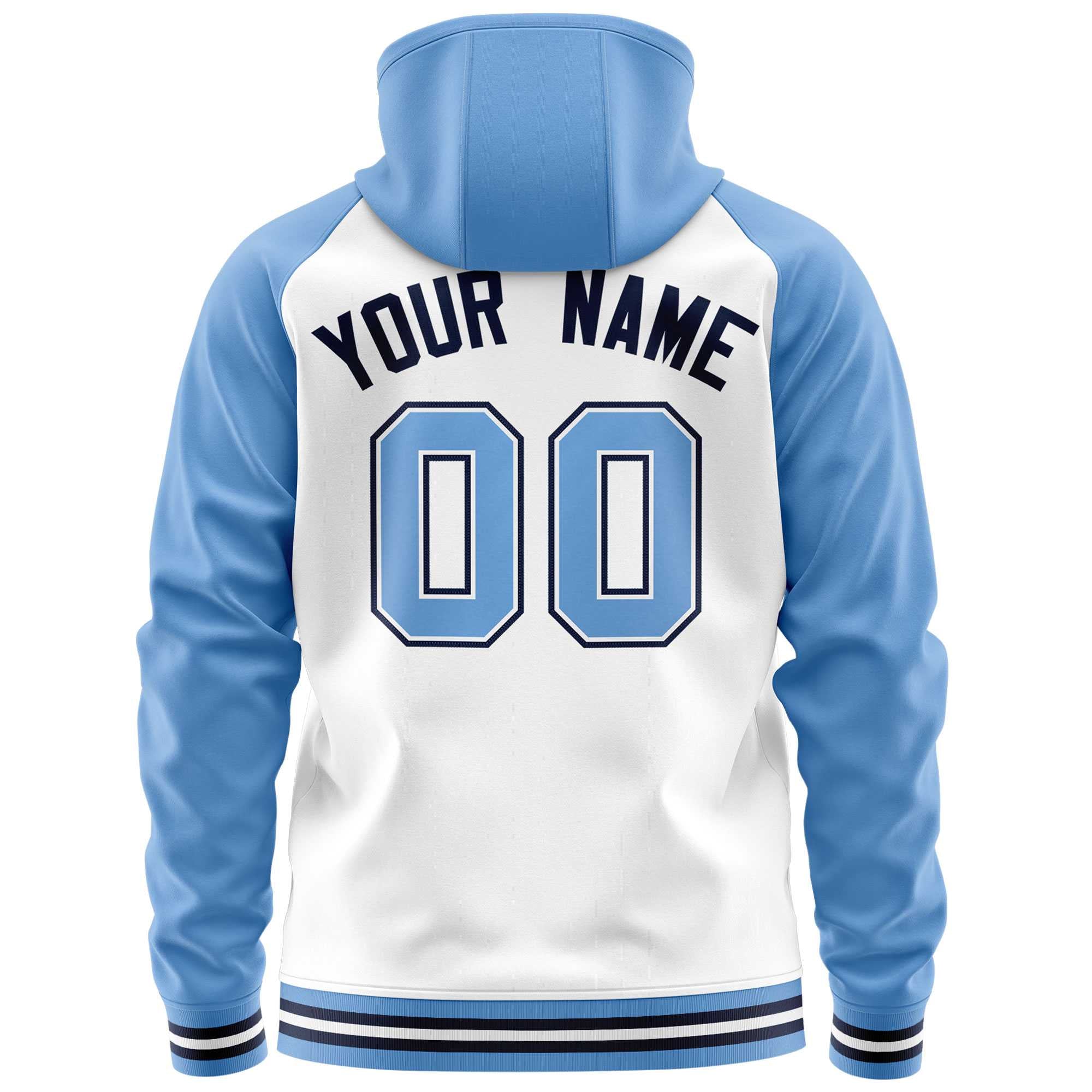 Custom Stitched White Powder Blue Raglan Sleeves Sports Full-Zip Sweatshirt Hoodie