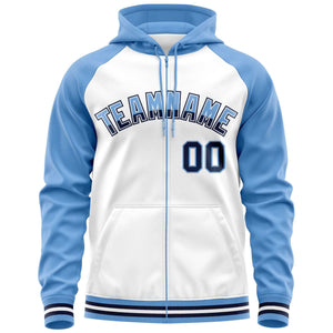 Custom Stitched White Powder Blue Raglan Sleeves Sports Full-Zip Sweatshirt Hoodie