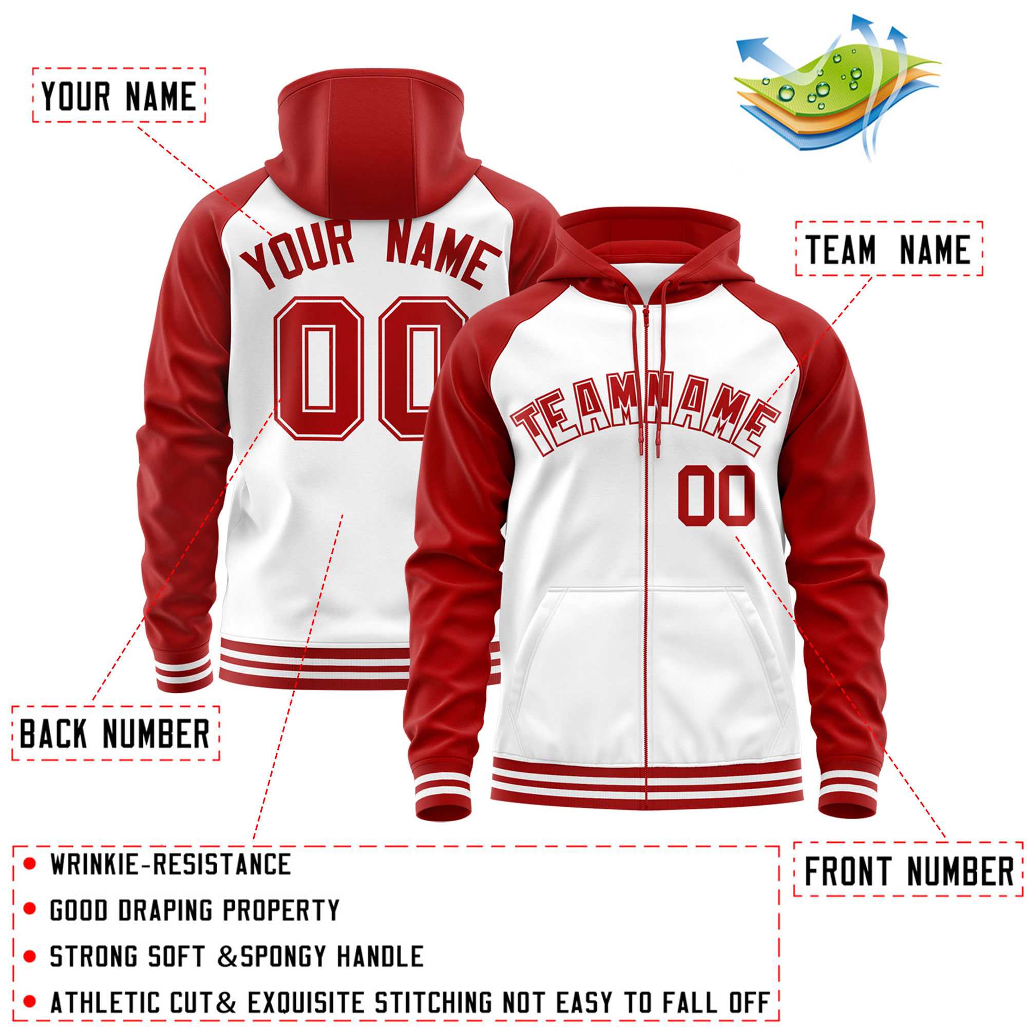 Custom Stitched White Red Raglan Sleeves Sports Full-Zip Sweatshirt Hoodie