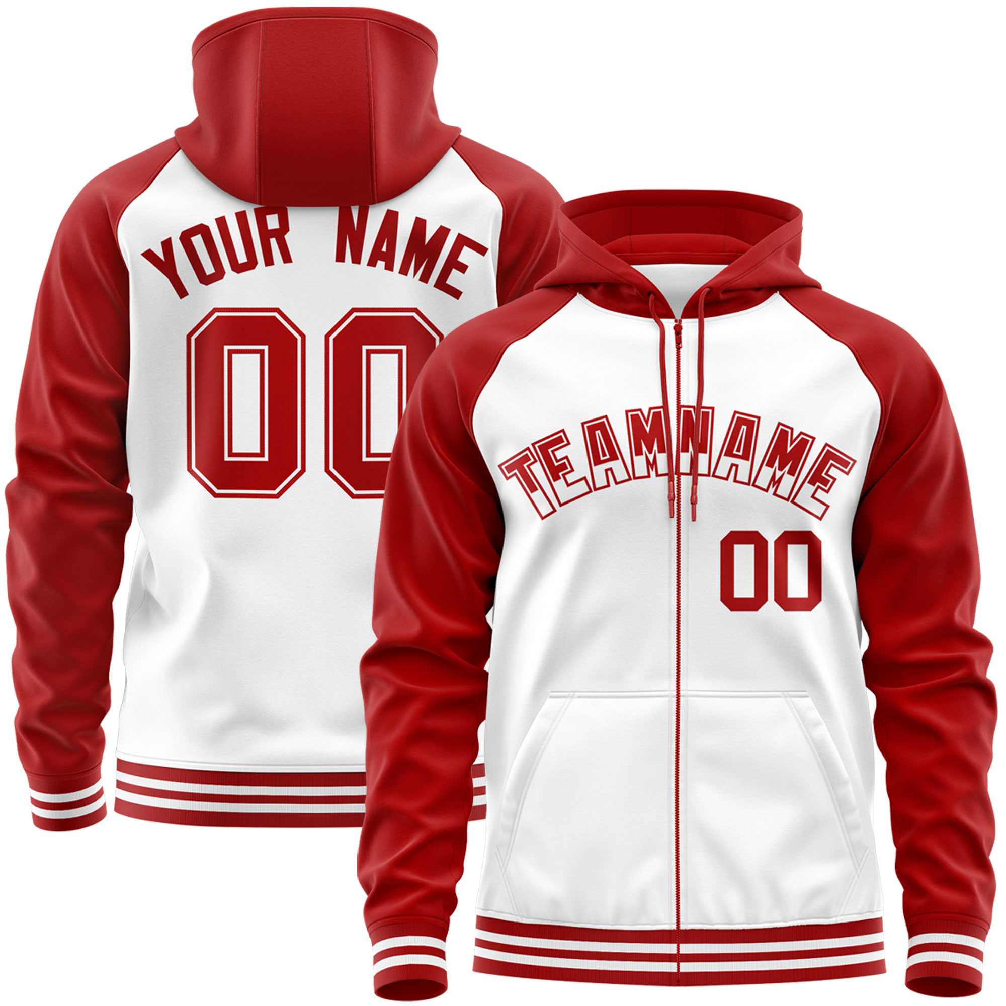 Custom Stitched White Red Raglan Sleeves Sports Full-Zip Sweatshirt Hoodie