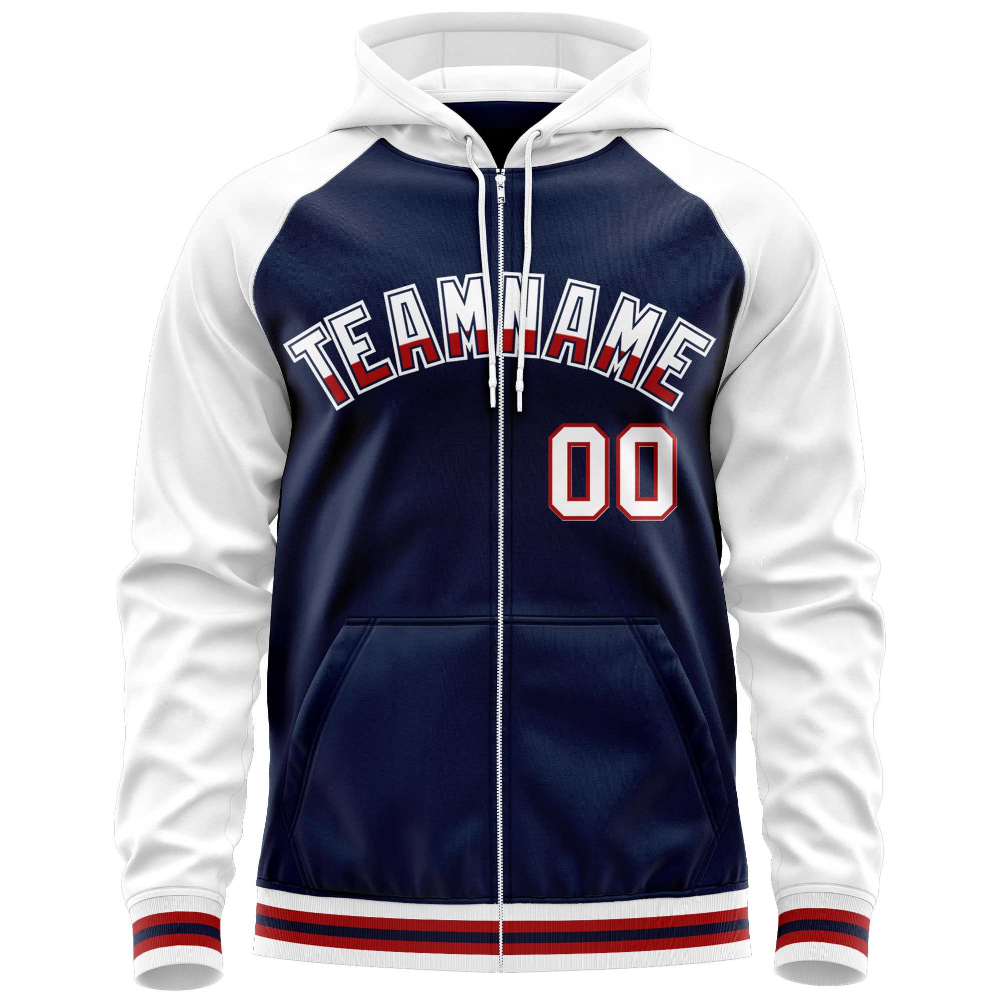 Custom Stitched Navy White Raglan Sleeves Sports Full-Zip Sweatshirt Hoodie