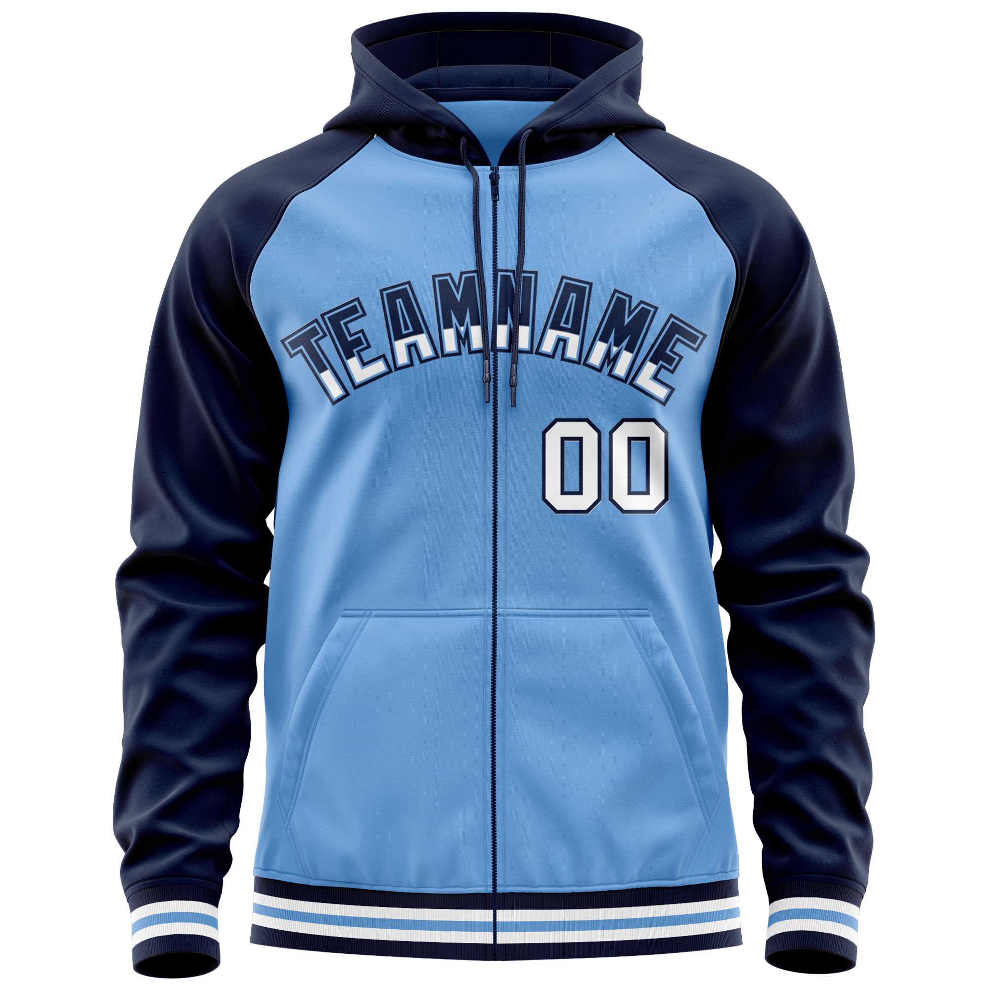 Custom Stitched Powder Blue Navy Raglan Sleeves Sports Full-Zip Sweatshirt Hoodie