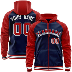 Custom Stitched Navy Red Raglan Sleeves Sports Full-Zip Sweatshirt Hoodie