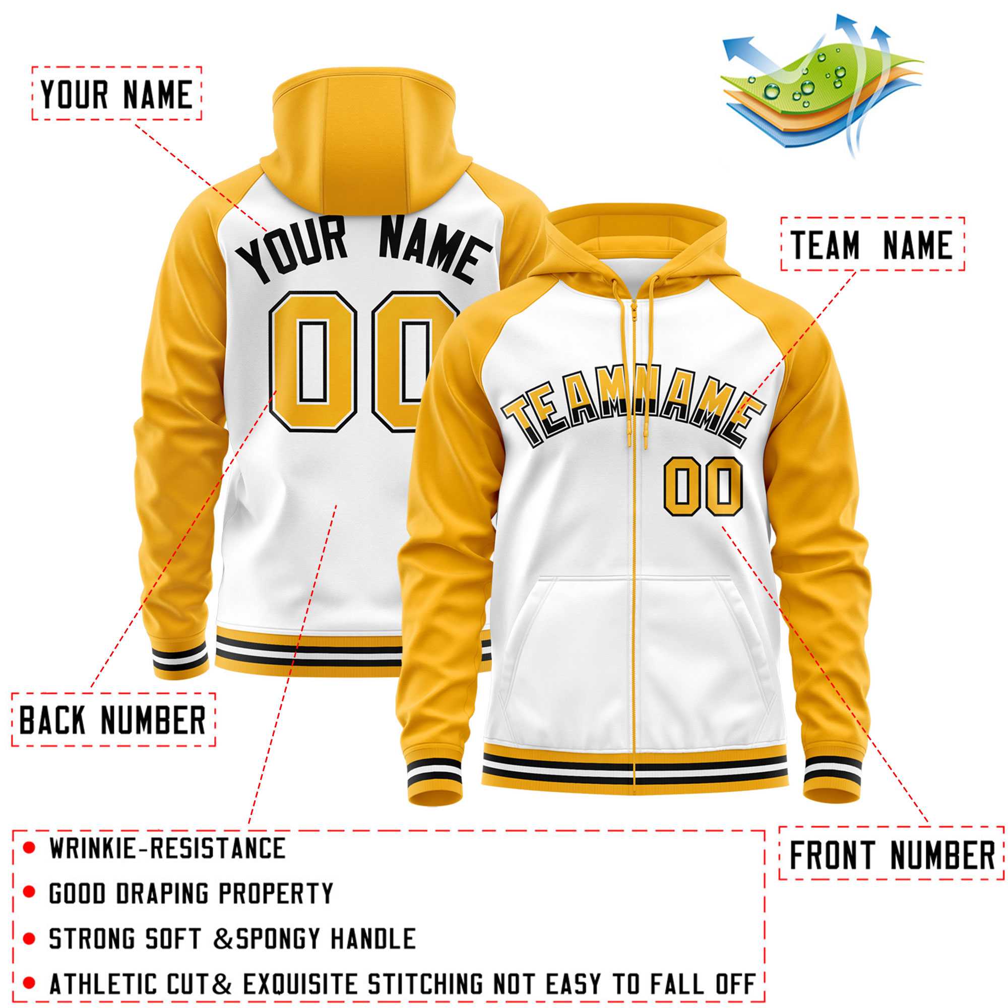 Custom Stitched White Yellow Raglan Sleeves Sports Full-Zip Sweatshirt Hoodie