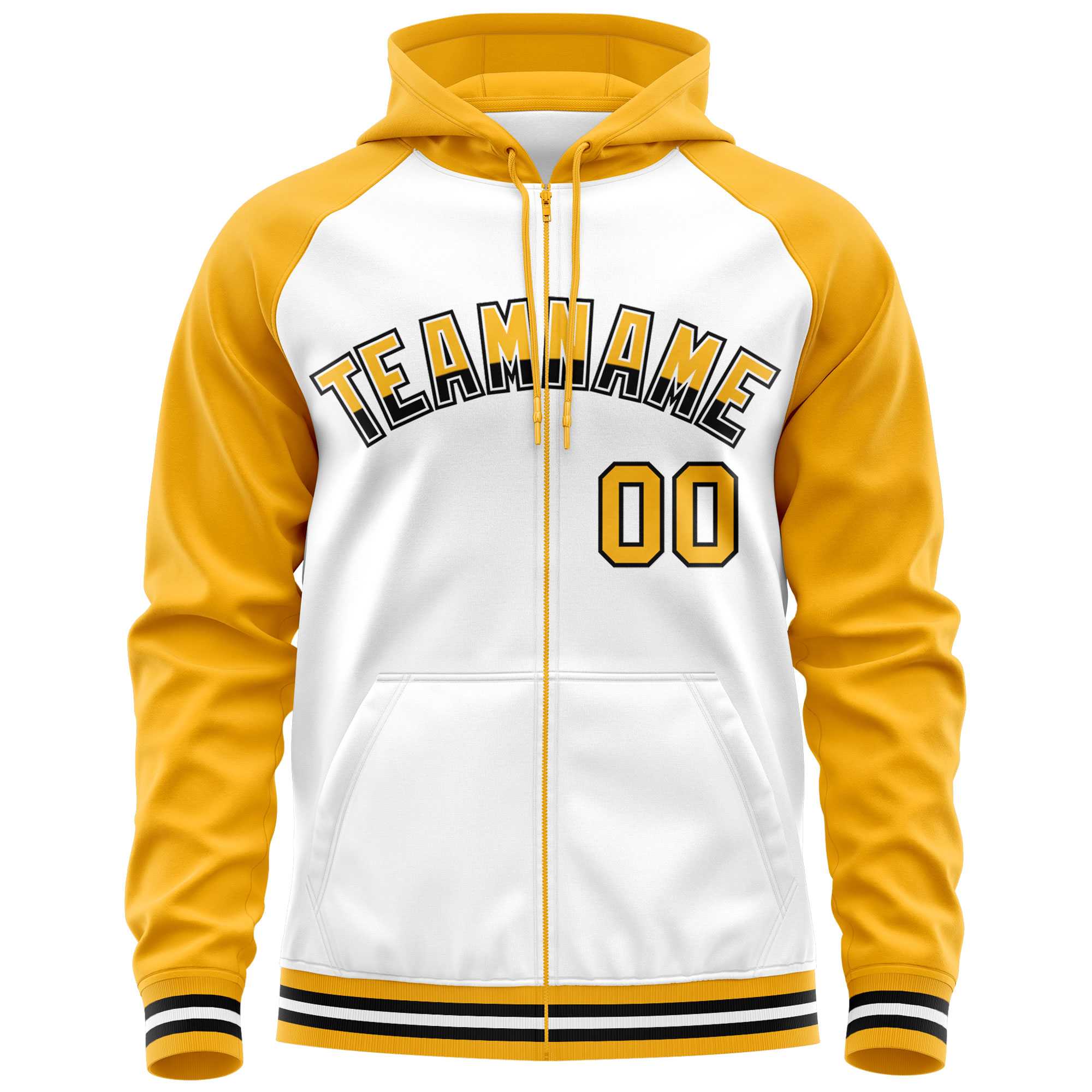 Custom Stitched White Yellow Raglan Sleeves Sports Full-Zip Sweatshirt Hoodie