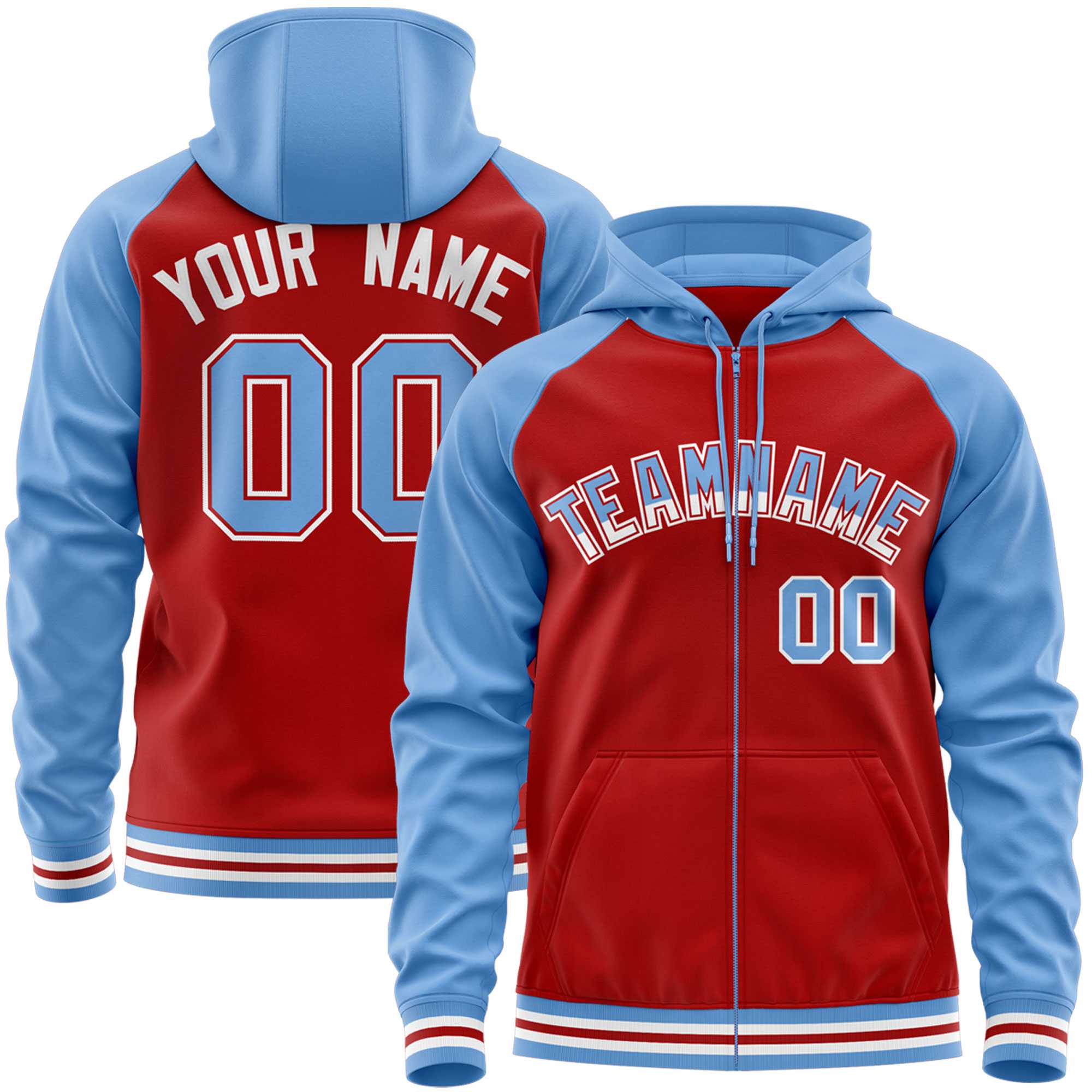 Custom Stitched Red Powder Blue Raglan Sleeves Sports Full-Zip Sweatshirt Hoodie