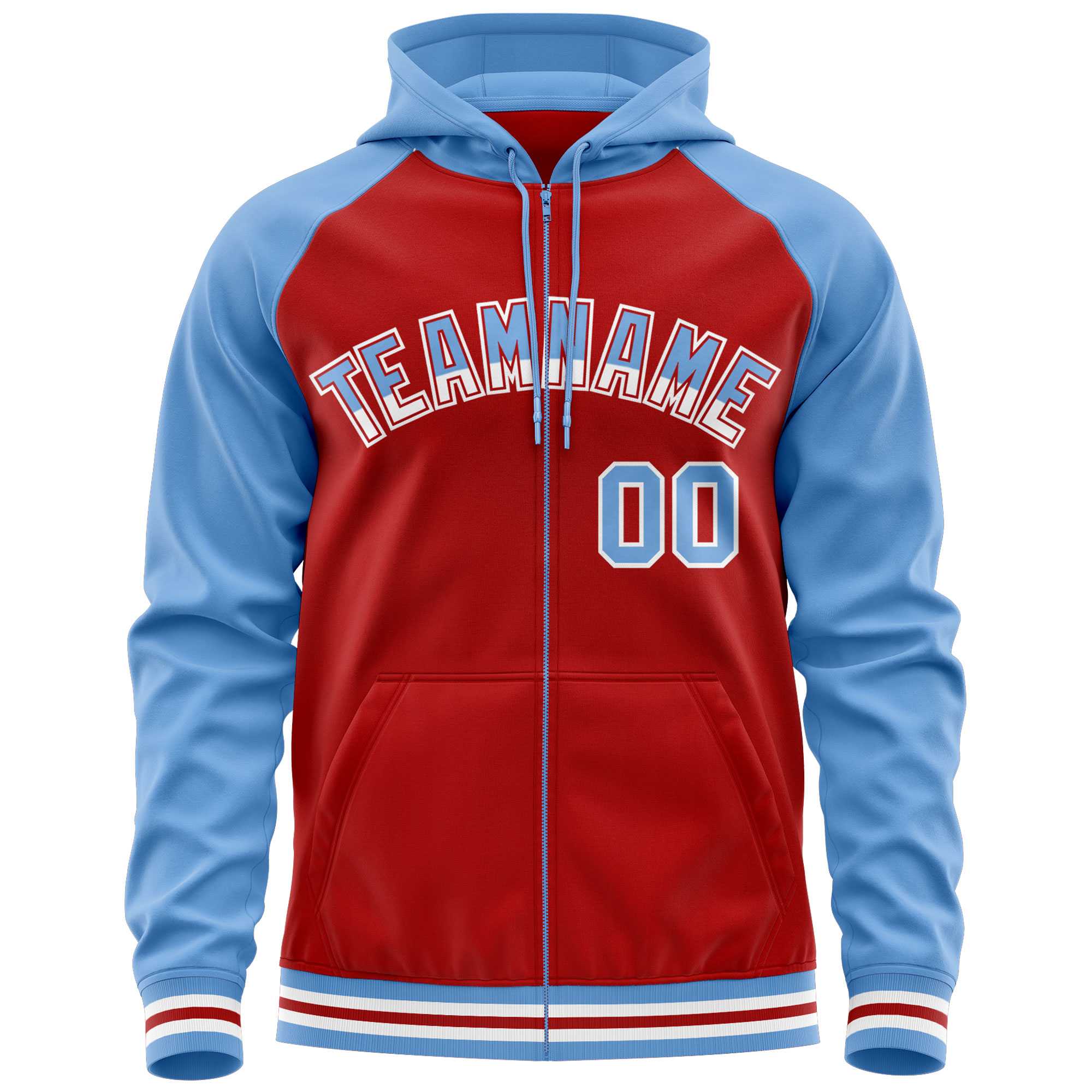 Custom Stitched Red Powder Blue Raglan Sleeves Sports Full-Zip Sweatshirt Hoodie